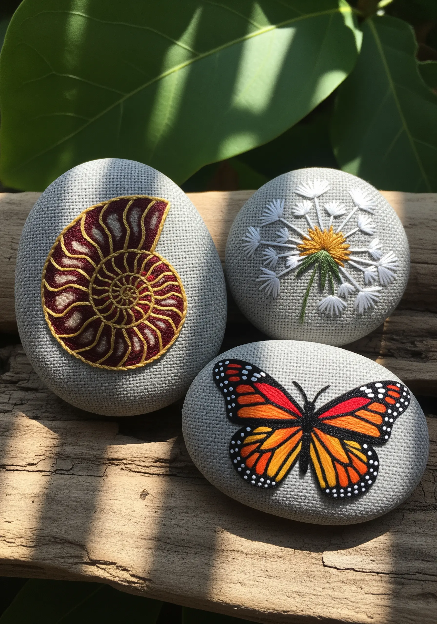 Smooth stones decorated with butterfly, fossil, and dandelion embroidery.