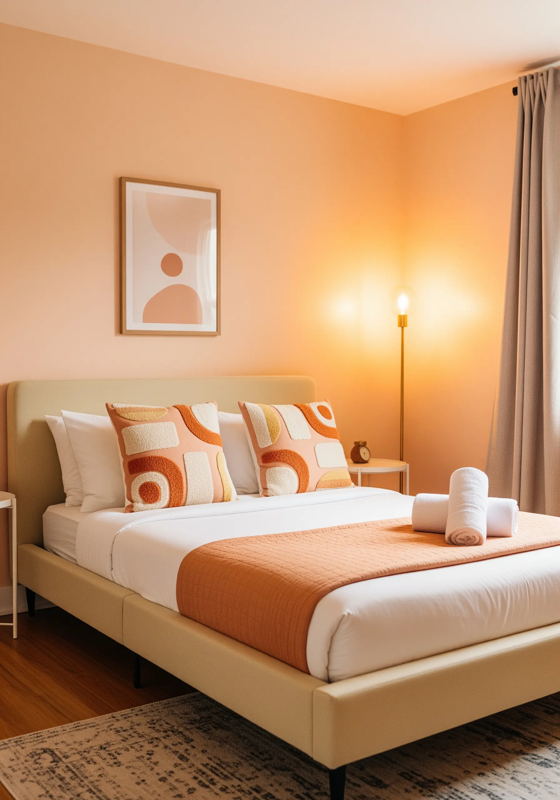 Abstract color-block embroidery in apricot, clay, and cream on pillows