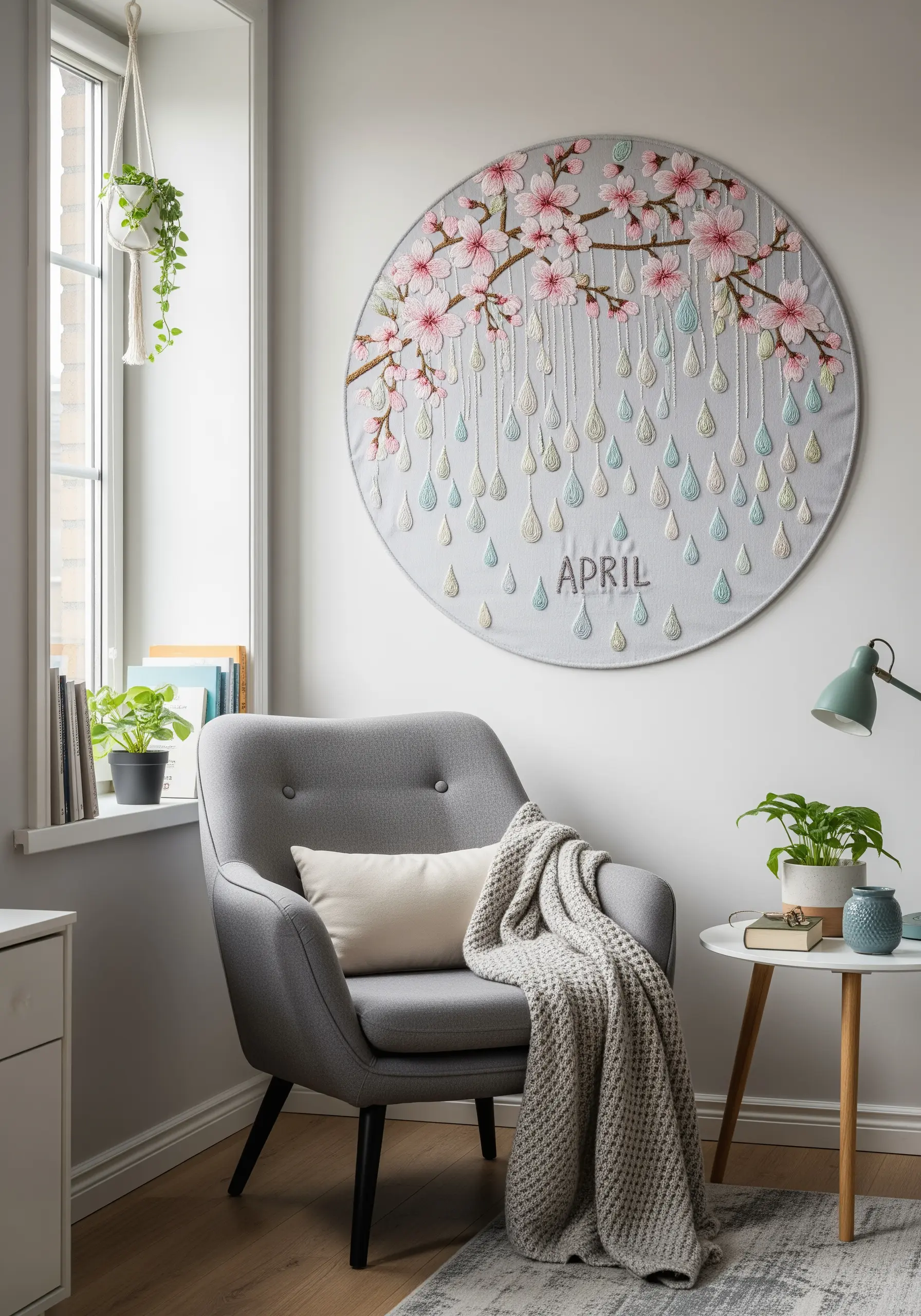 Large round embroidery of cherry blossoms and raindrops with the word 'April.'