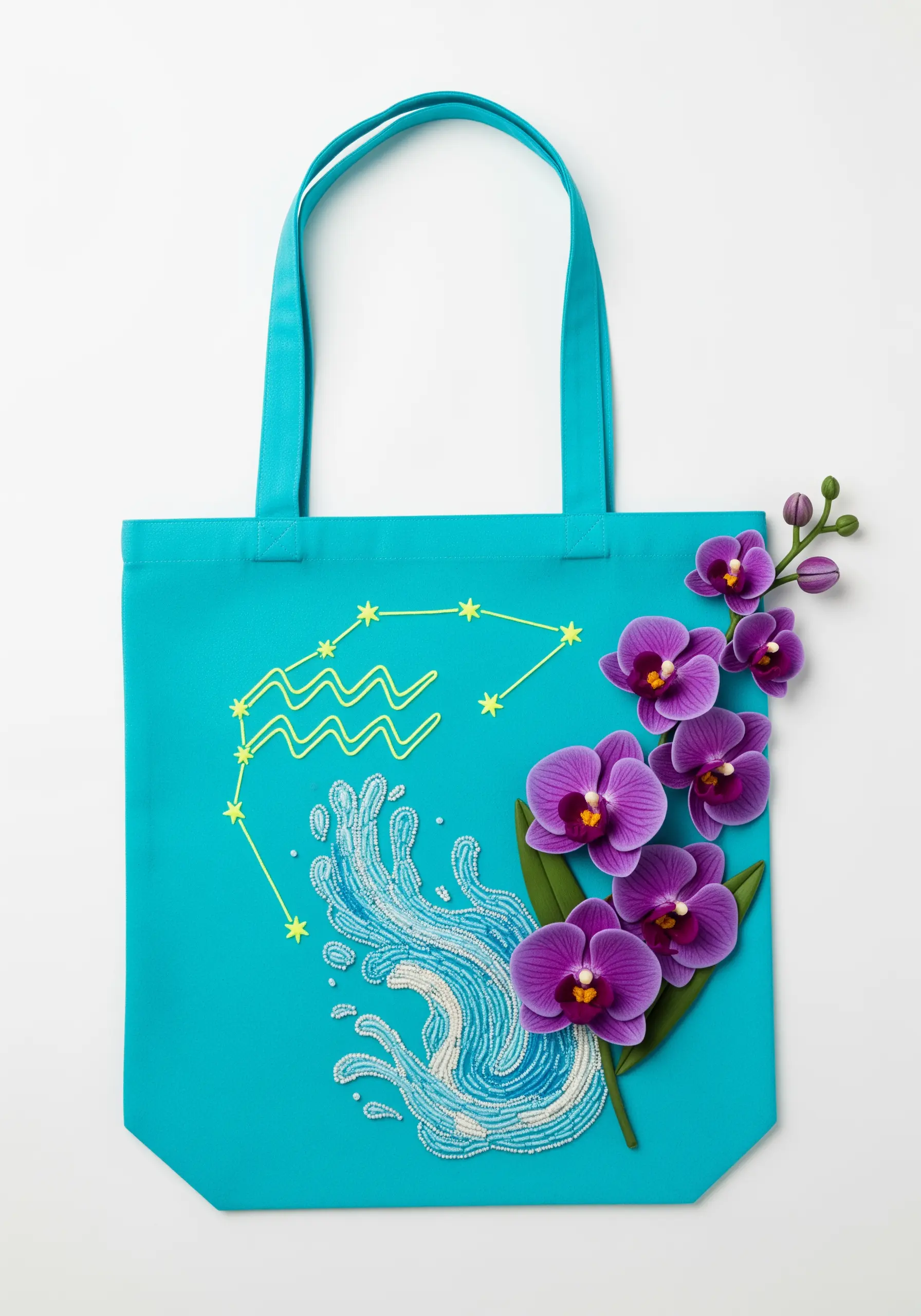 An Aquarius water splash motif filled with shimmering blue and white seed beads, on a turquoise tote.