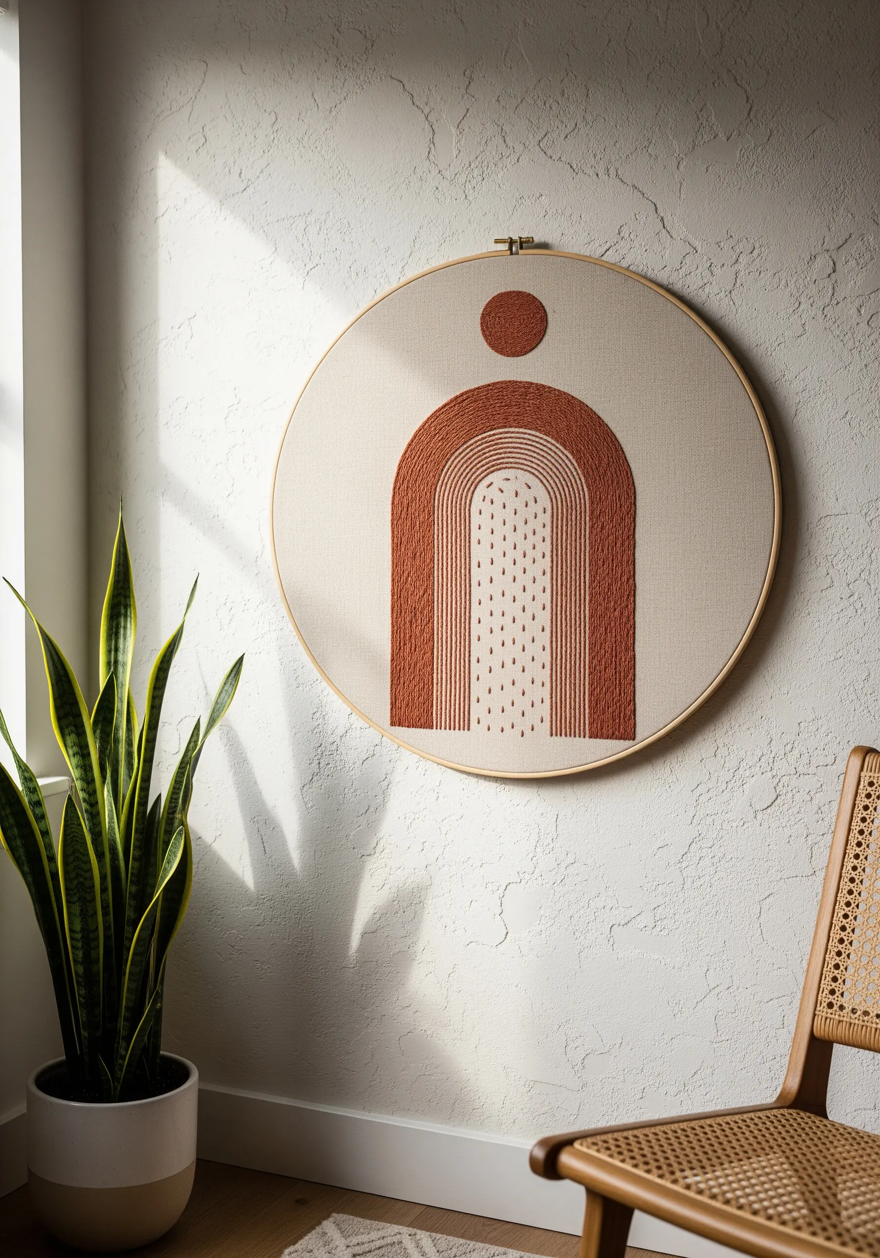 Terracotta abstract arch embroidery with dense satin stitch and scattered seed stitches.