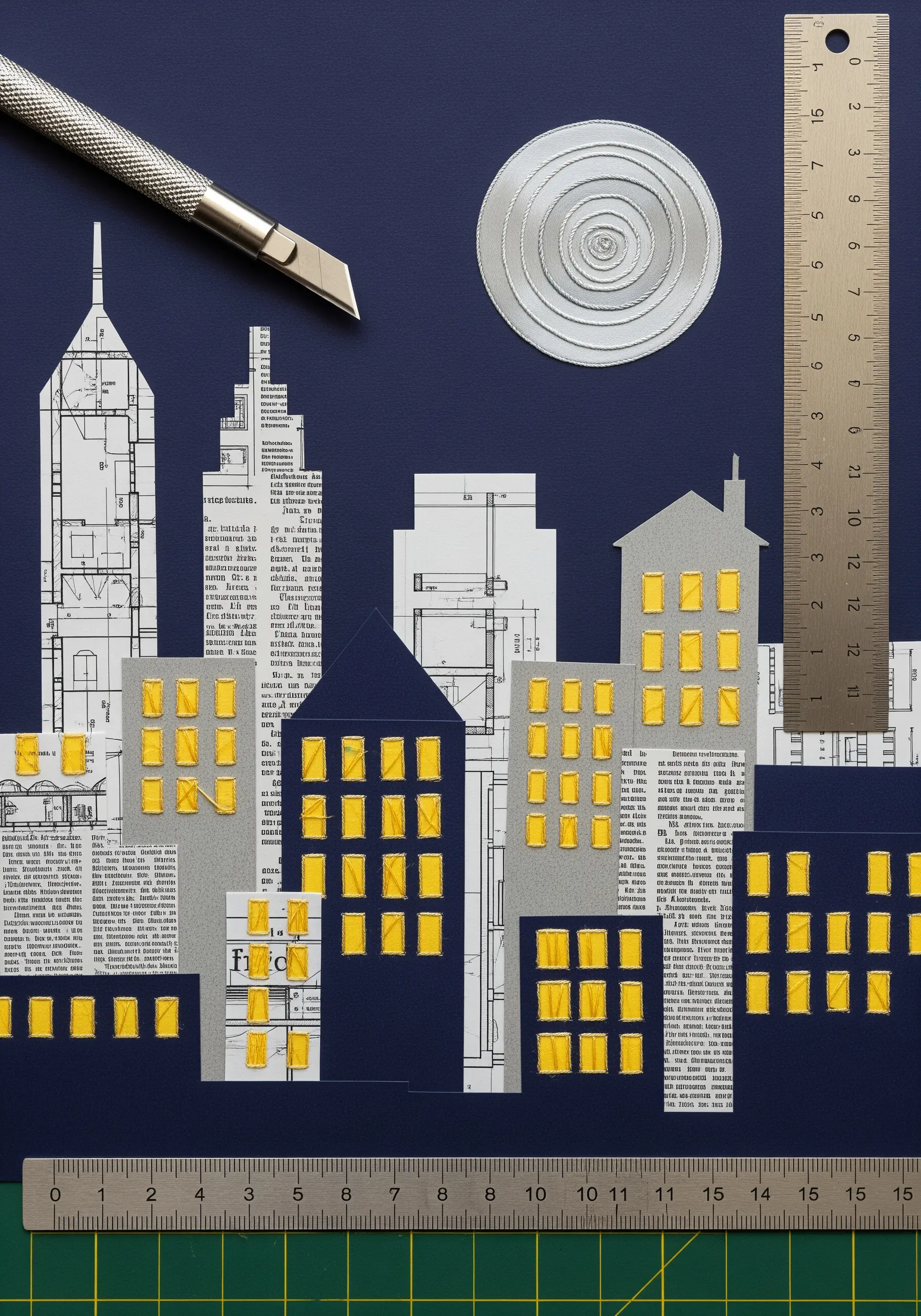 Paper cityscape collage with bright yellow satin-stitched windows.