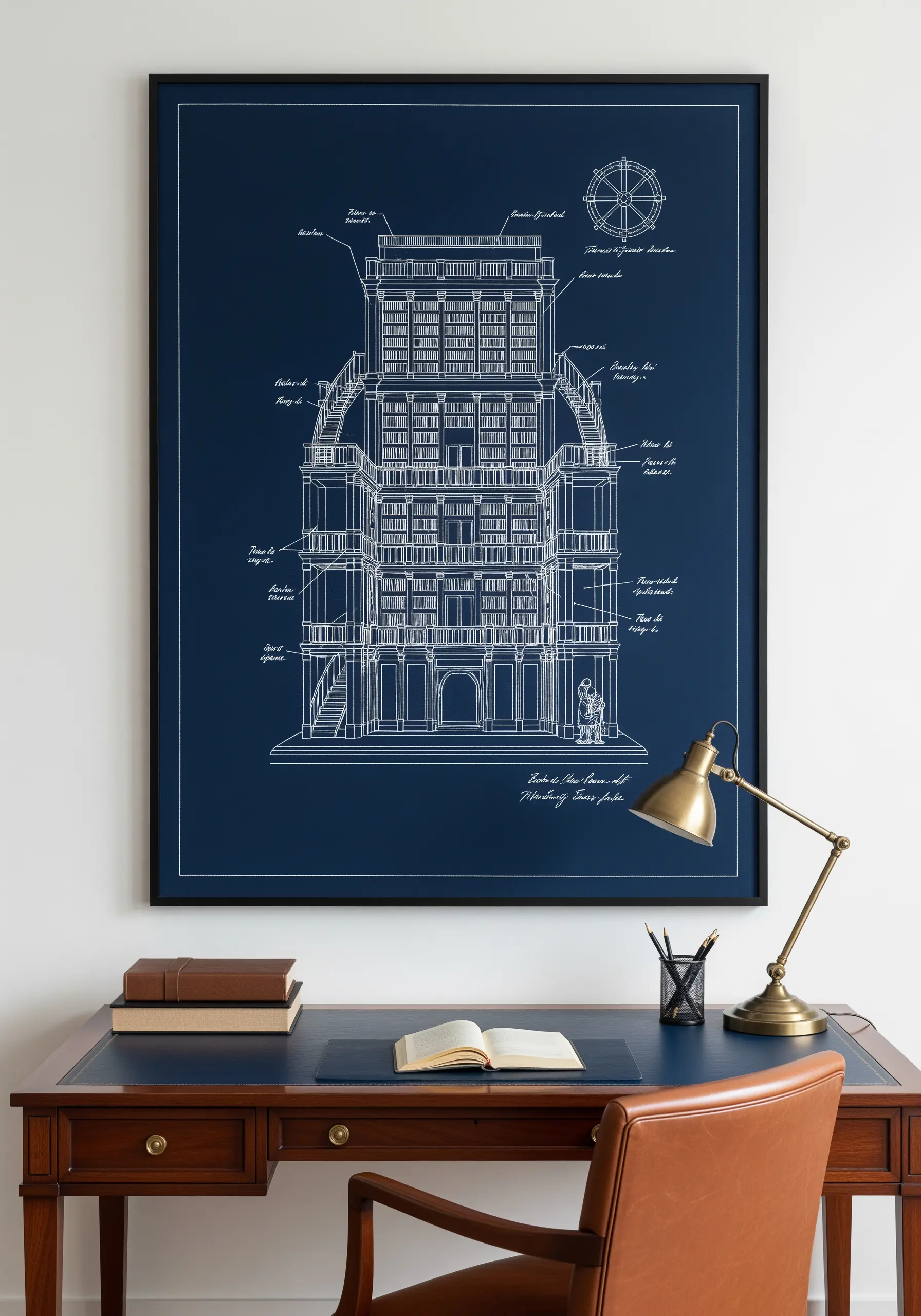 A detailed architectural blueprint design stitched in white thread on navy fabric.
