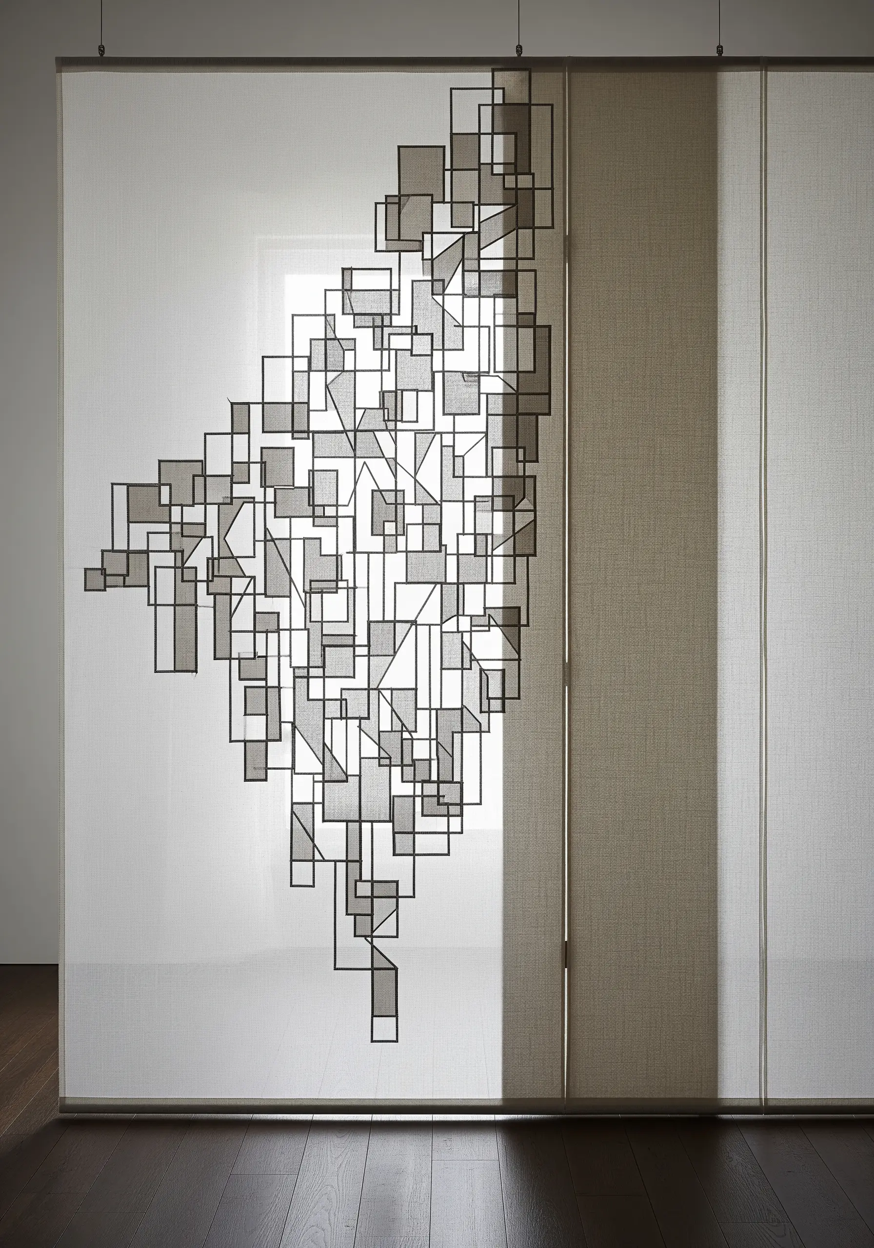 A semi-sheer fabric panel with an embroidered geometric pattern creating a screen effect.