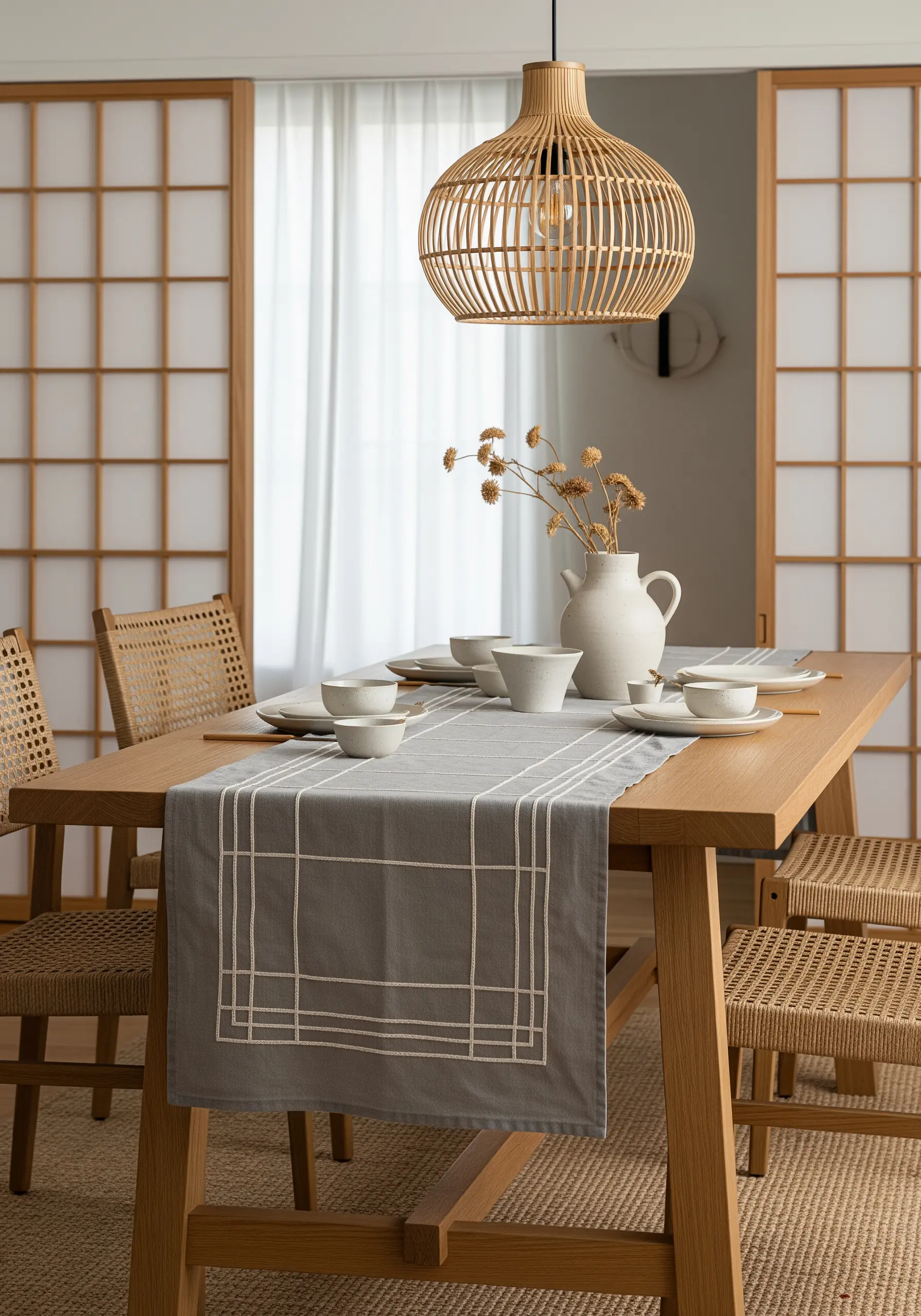 Geometric border embroidered in white thread on a gray table runner