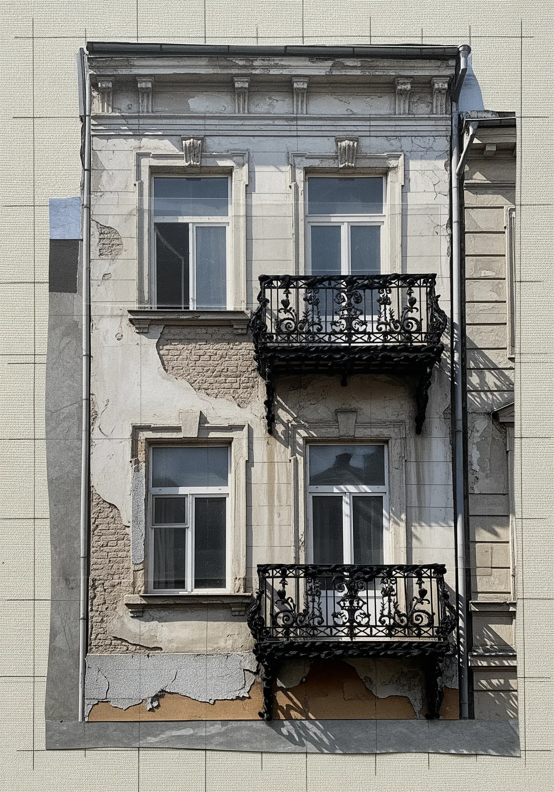 Photo collage of a building on fabric, with a fine stitched grid in the background.