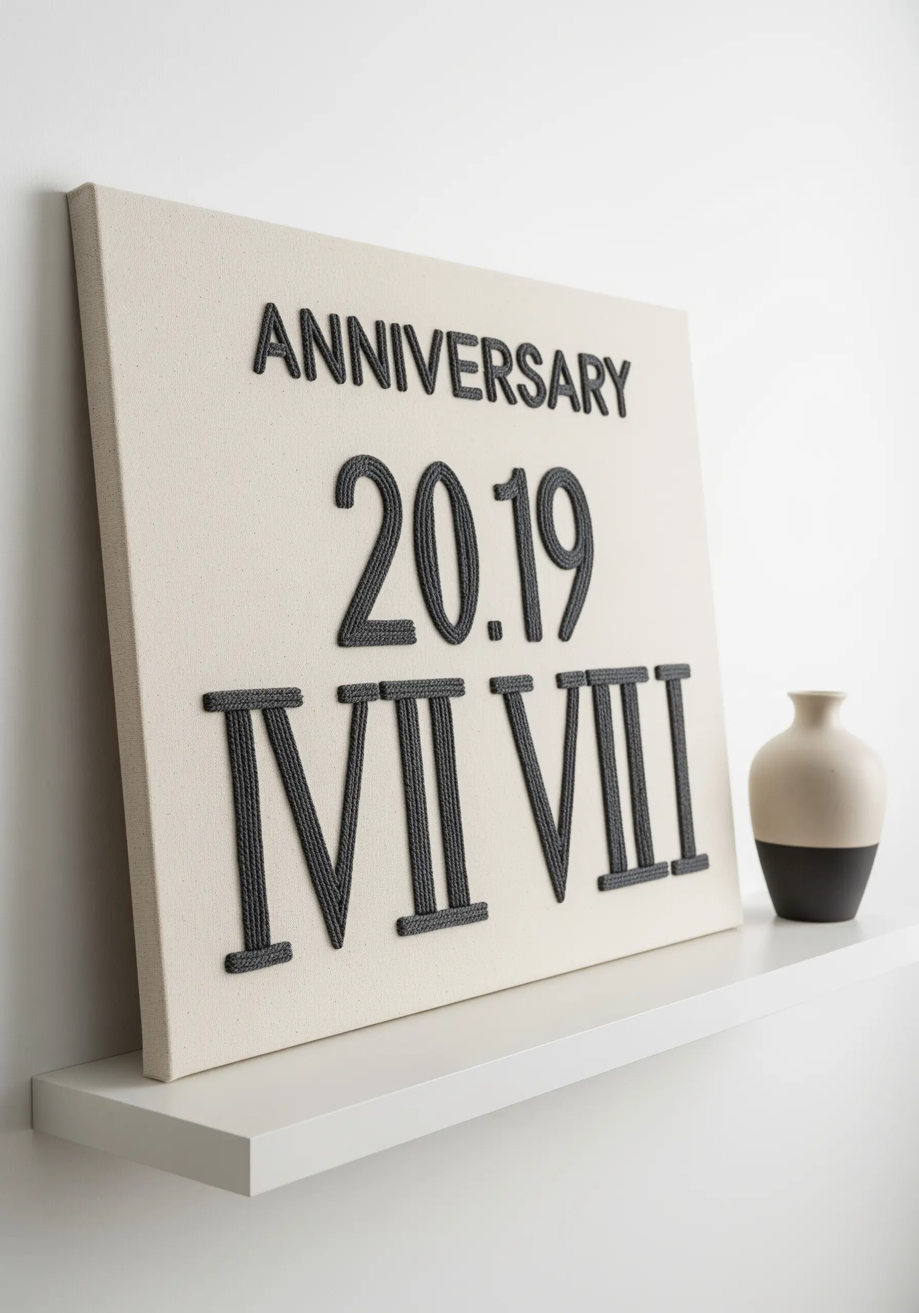 3D embroidered anniversary date in Roman numerals on a stretched canvas.