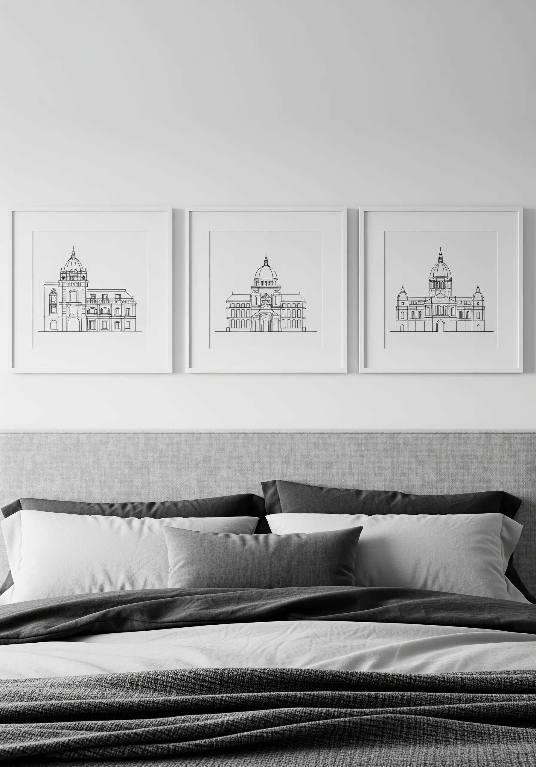 A triptych of minimalist line art embroidery depicting three architectural landmarks.