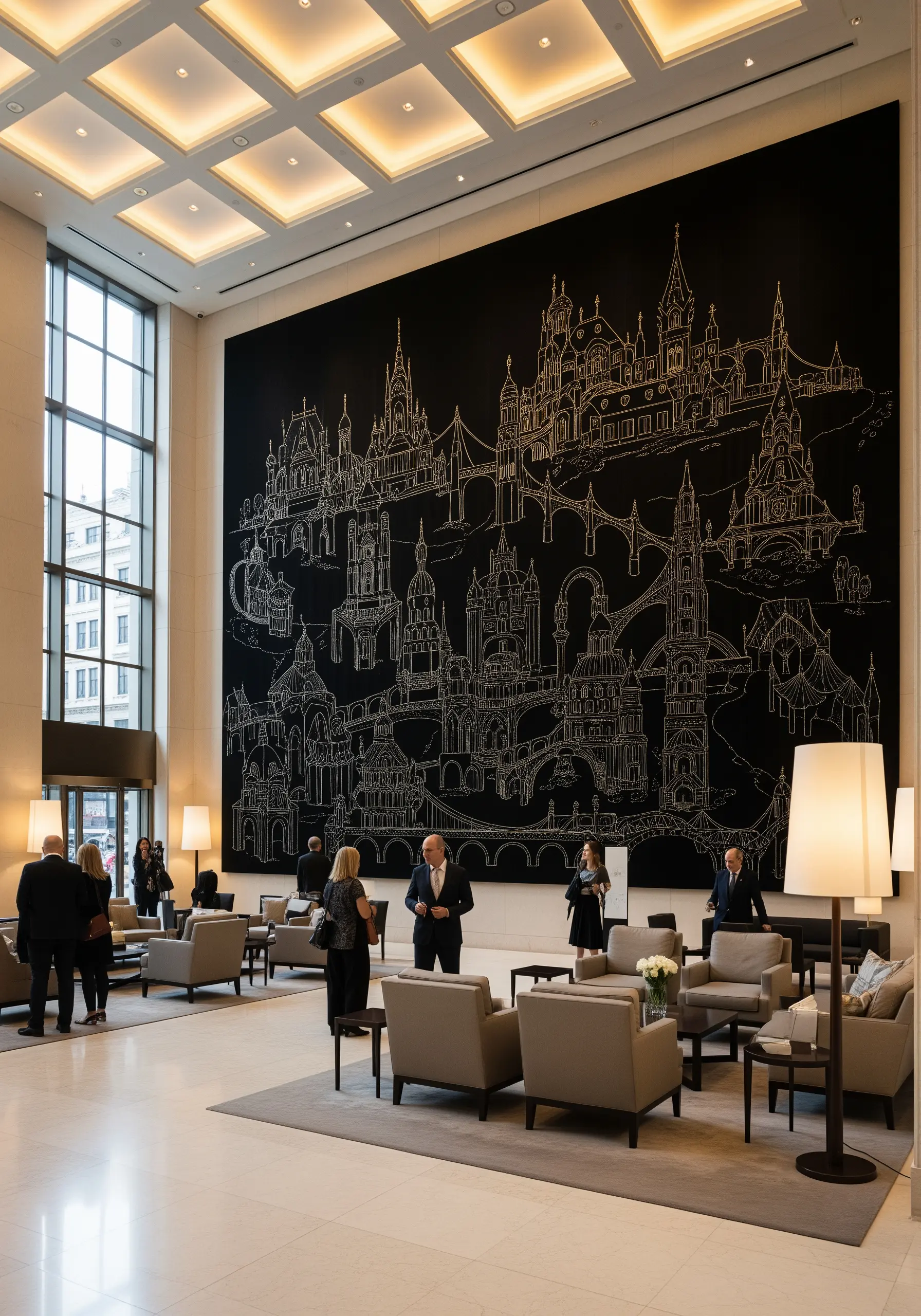 A massive, intricate line drawing of a city skyline stitched in white thread on a black wall.