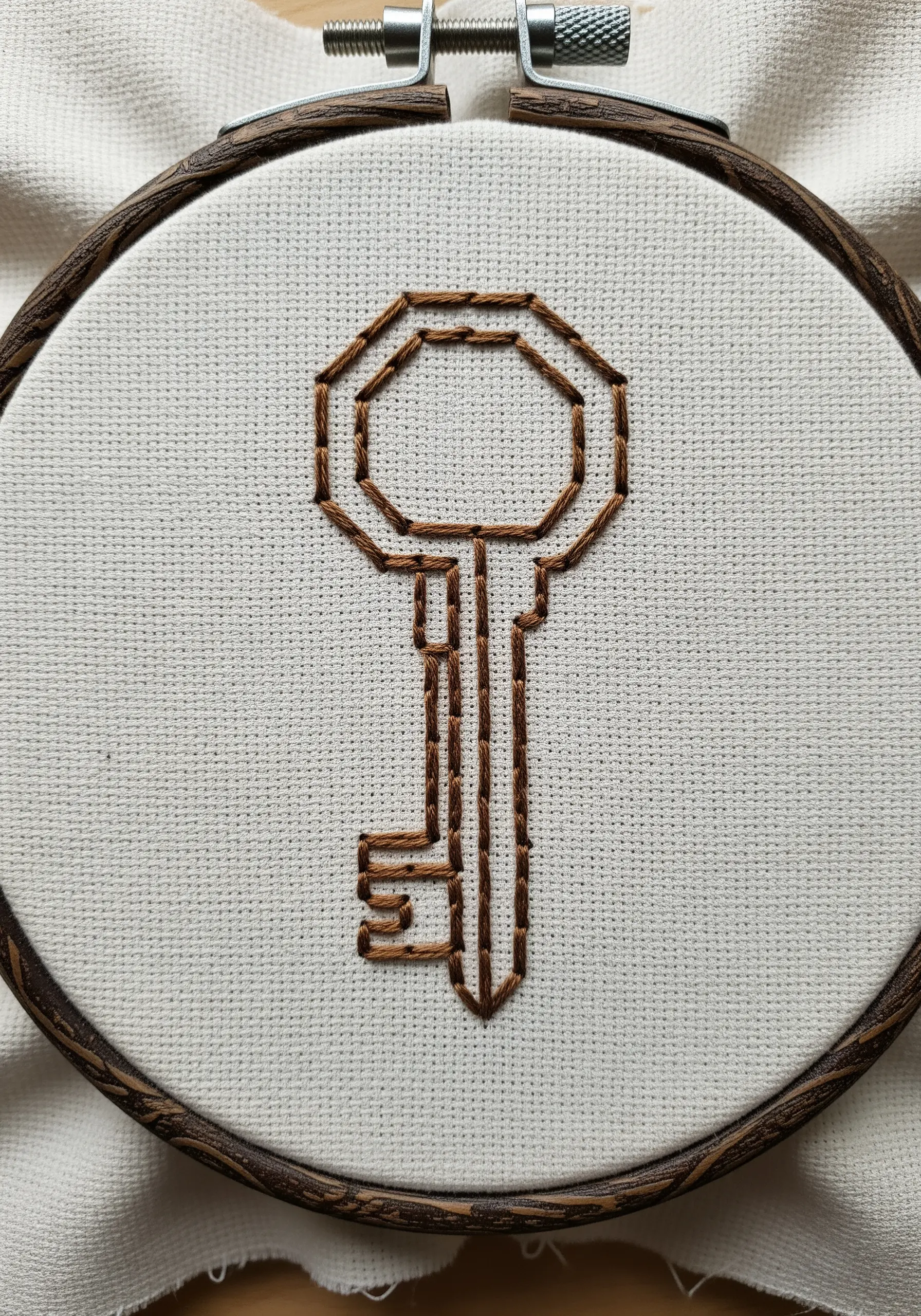 A geometric key outline in brown thread using backstitch.