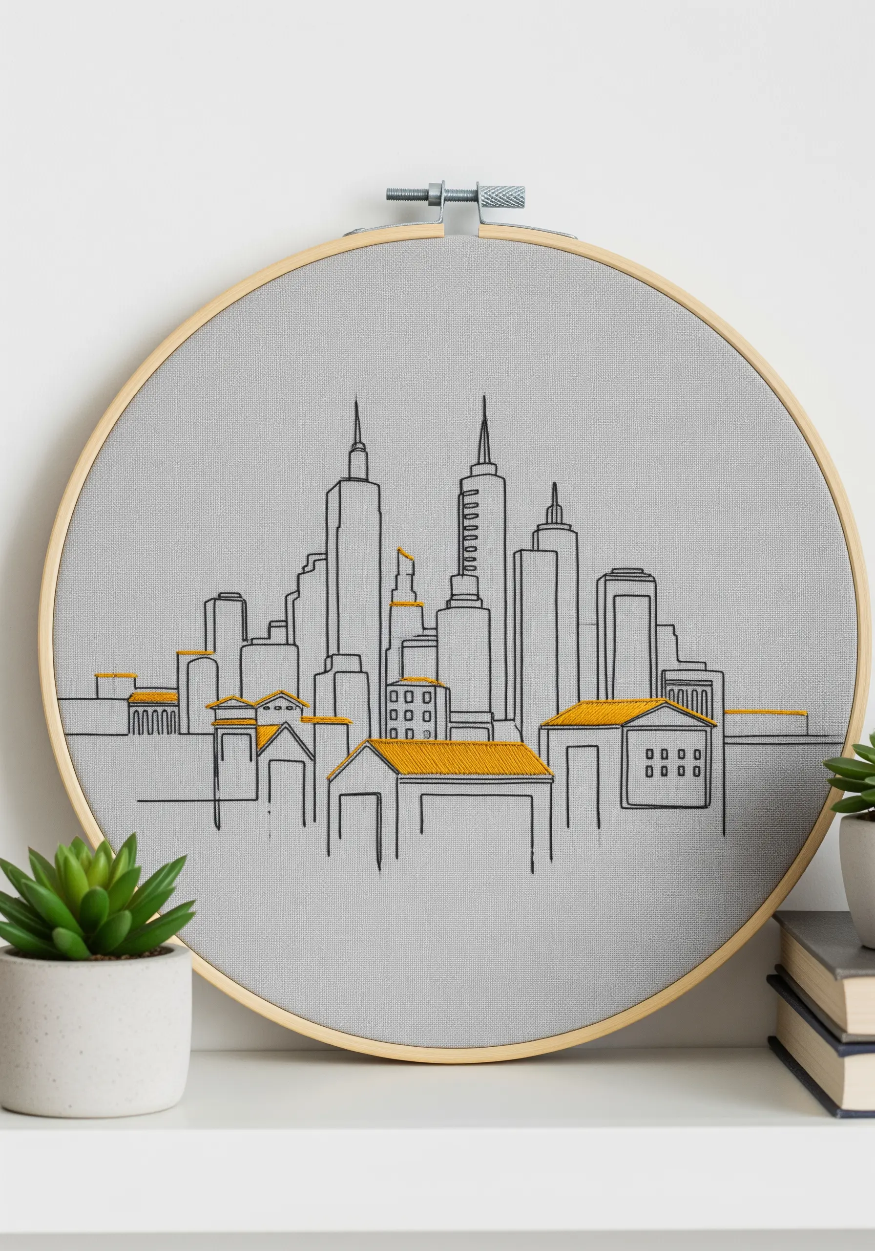 A minimalist cityscape embroidered in black line art with selective yellow satin-stitched roofs.