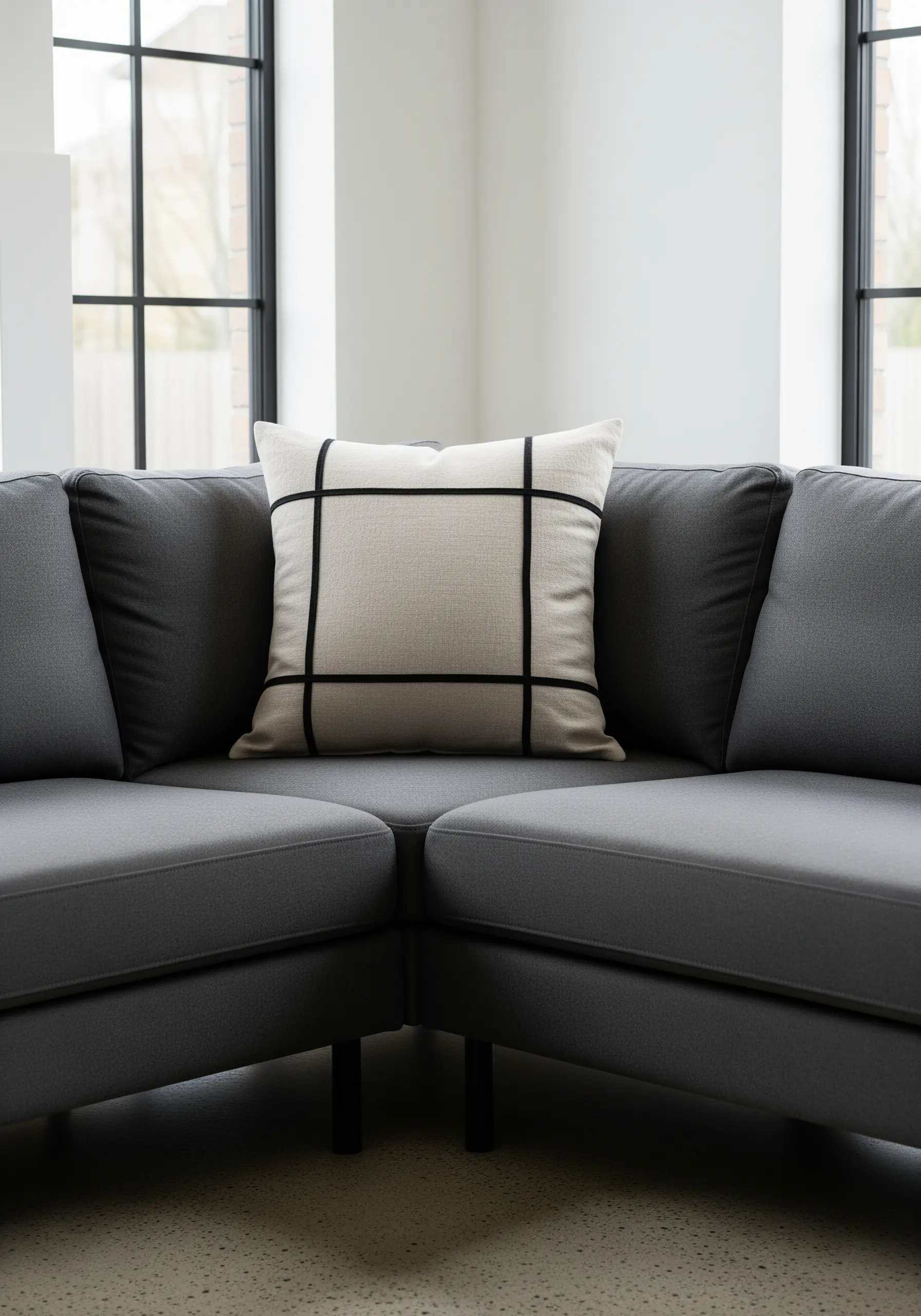 Modern cushion with a bold black grid stitched onto a neutral linen fabric.