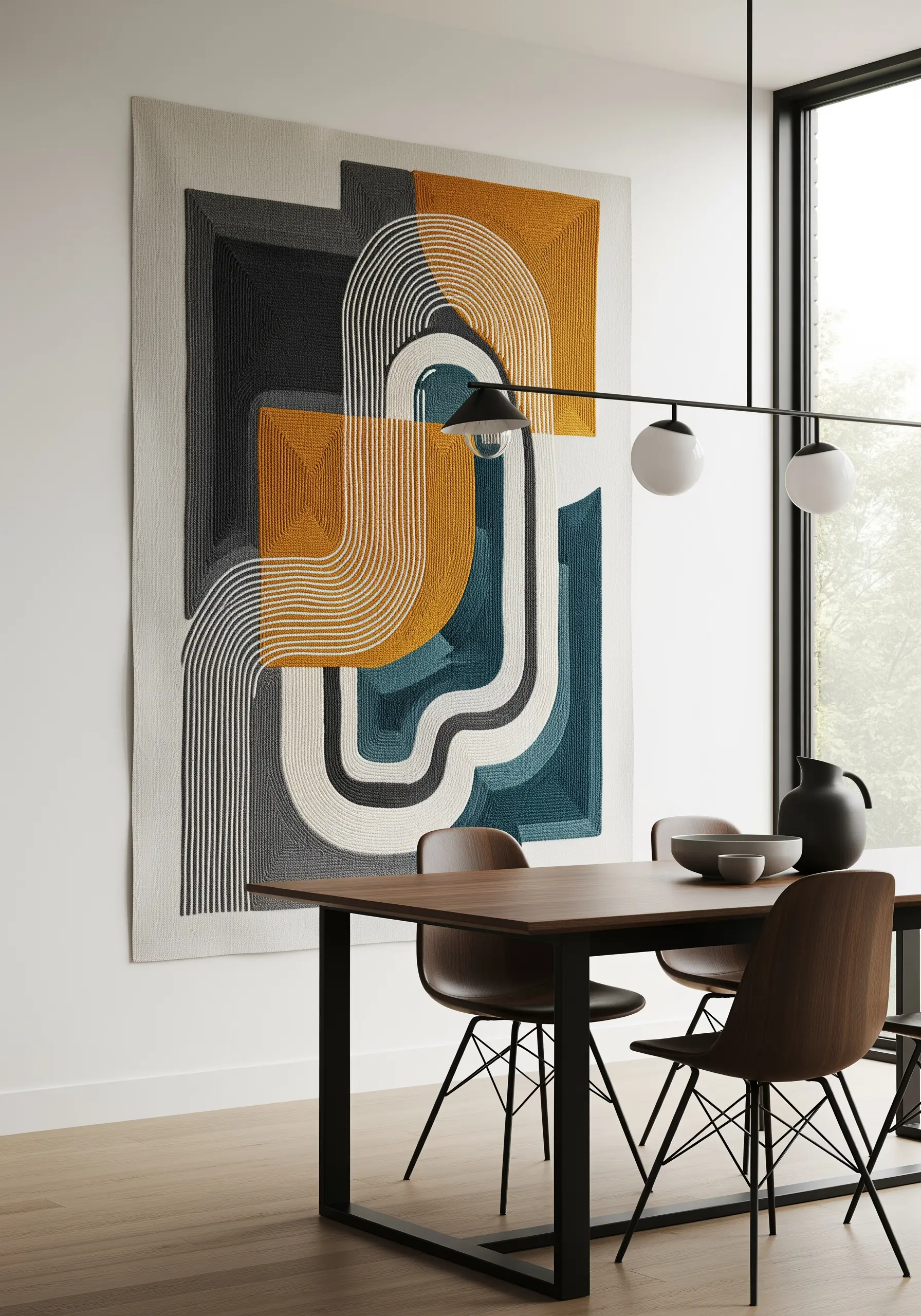 Large geometric wall hanging with couched yarn in mustard, black, and teal.