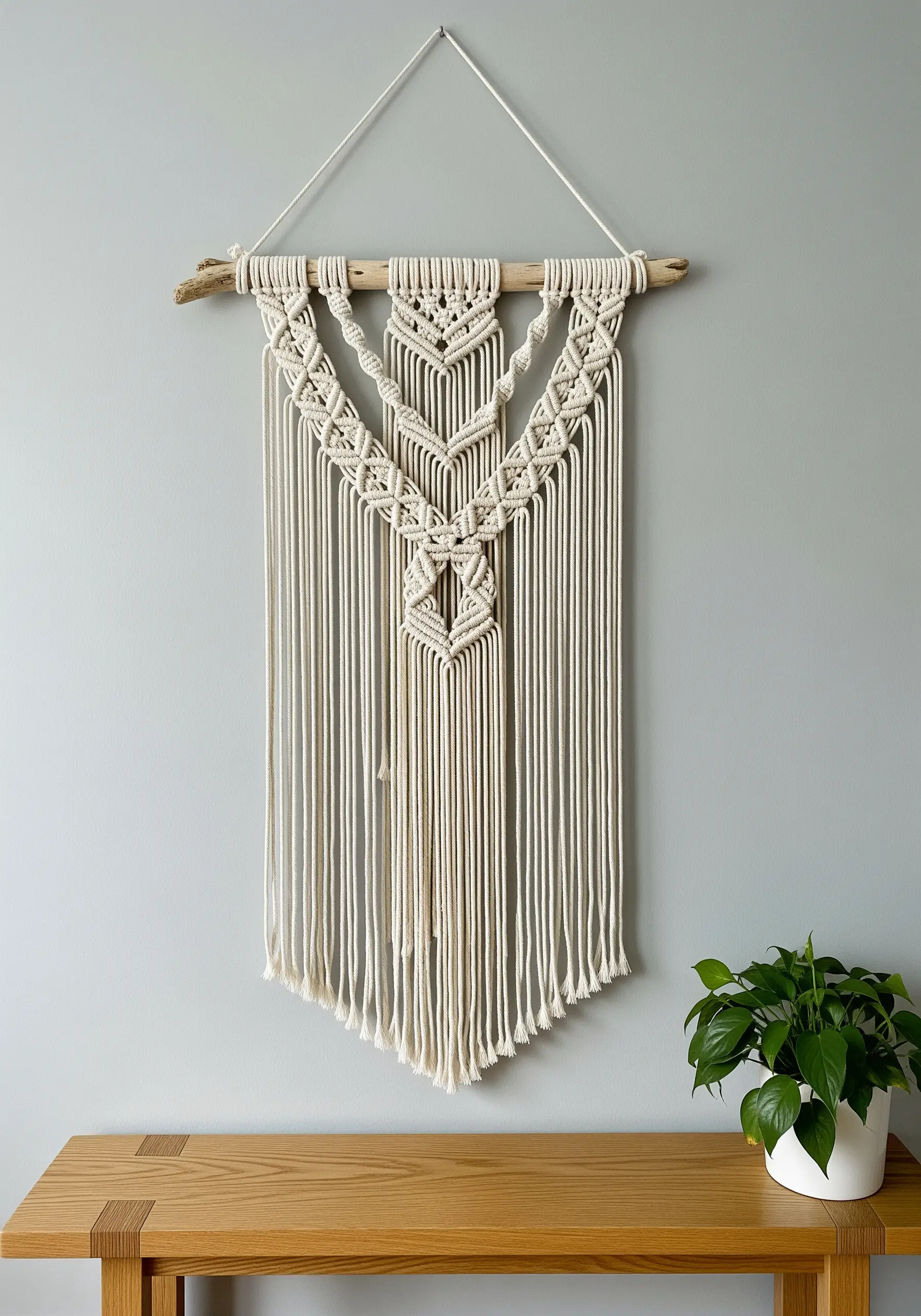 Macrame wall hanging with intricate knots and a long fringe, mounted on driftwood.