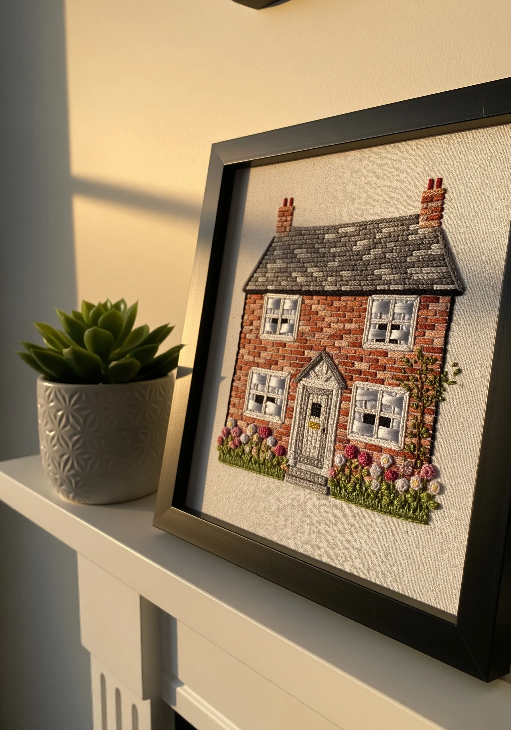 Detailed embroidered portrait of a brick house with satin-stitched roof and floral details.
