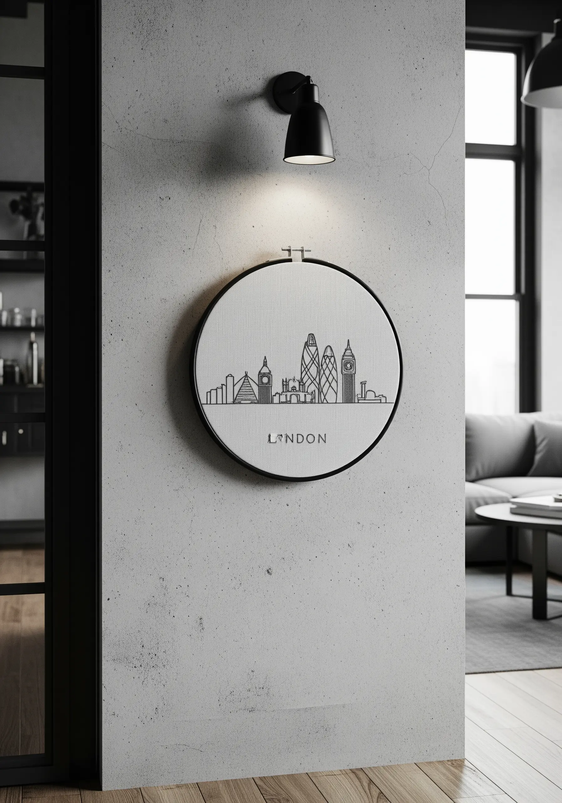 A minimalist black-thread embroidery of the London skyline in a black hoop.