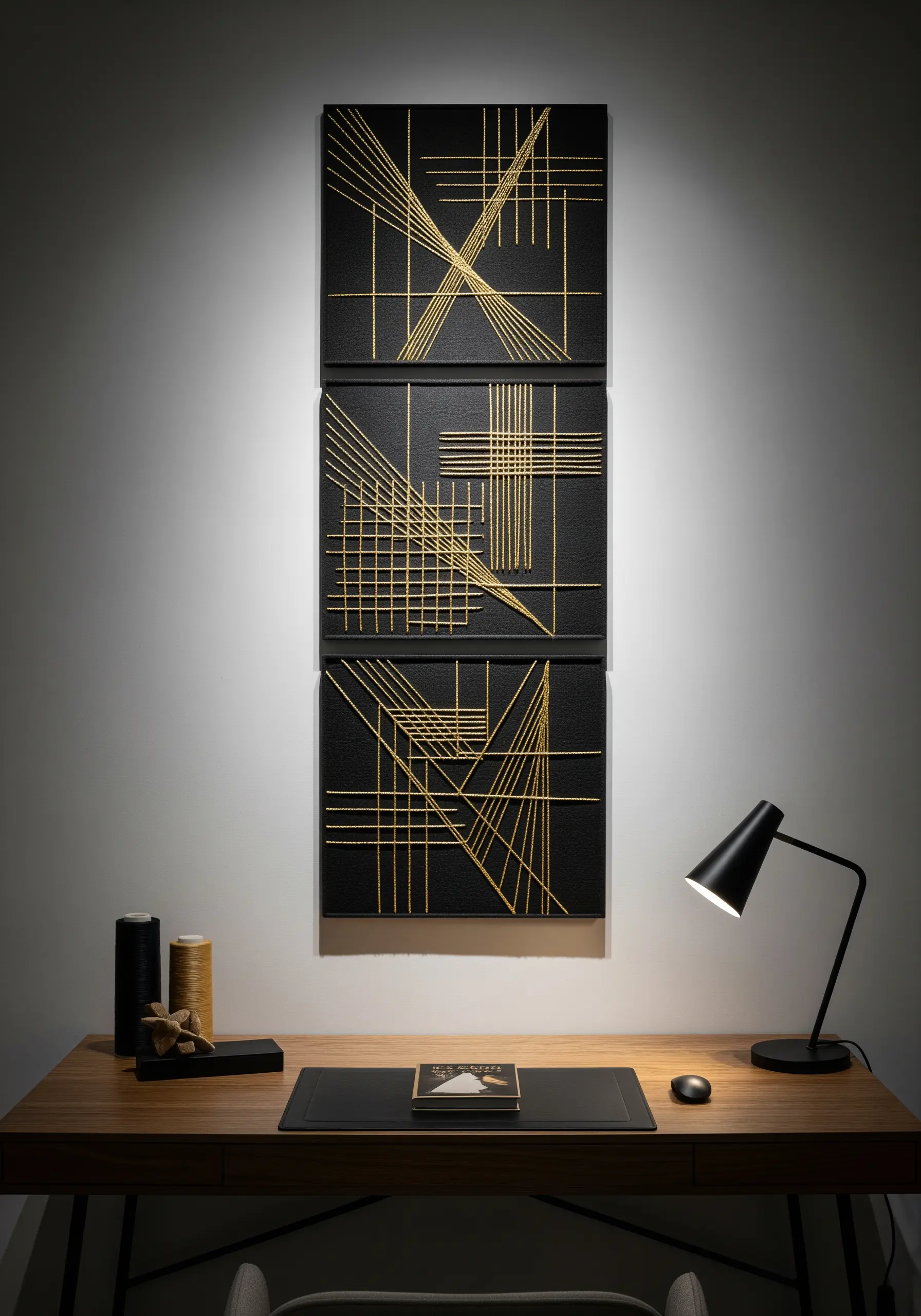 A triptych of black panels with intersecting gold threads creating geometric, architectural patterns.