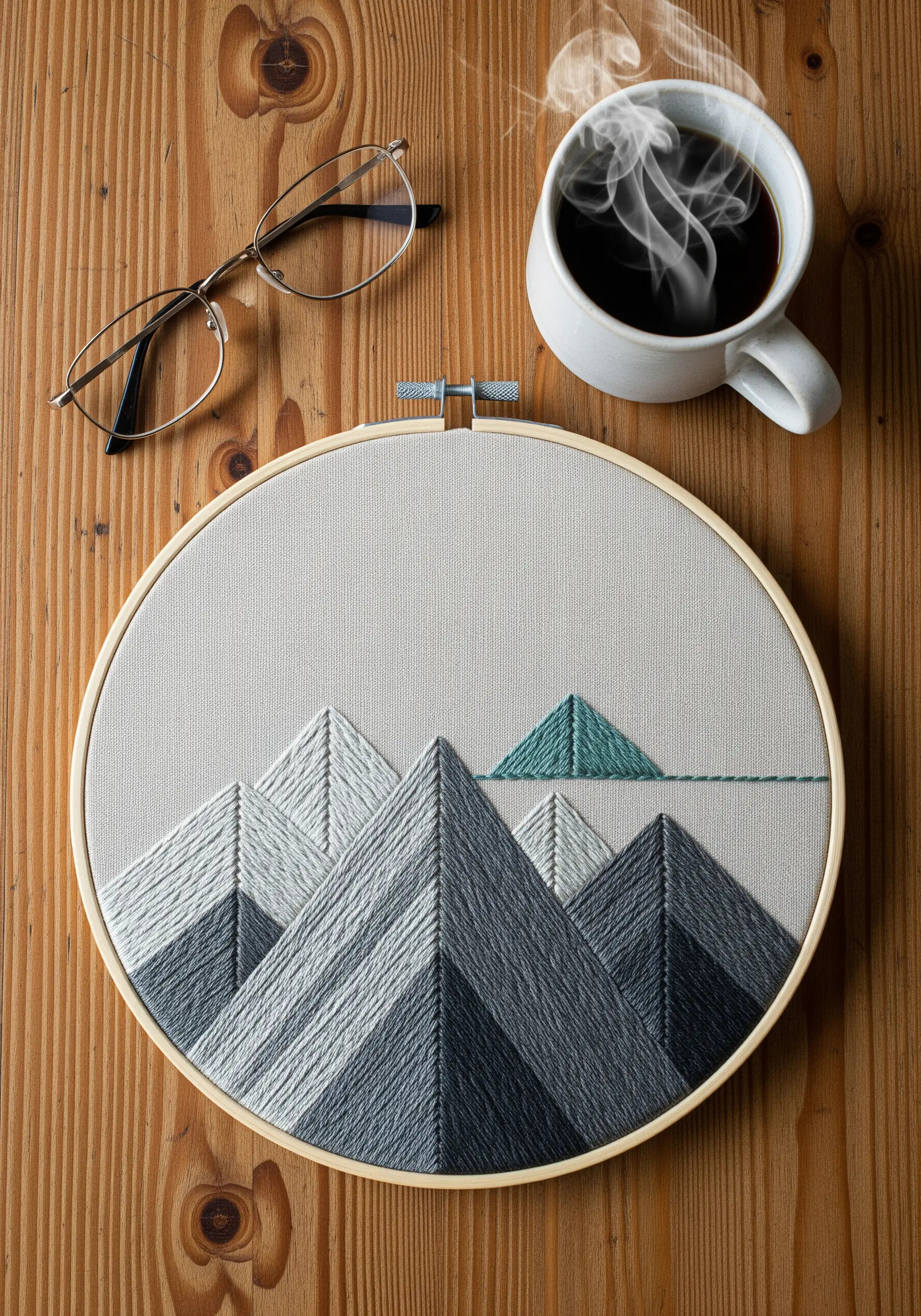 Embroidered geometric mountains with gray, white, and teal satin stitch.