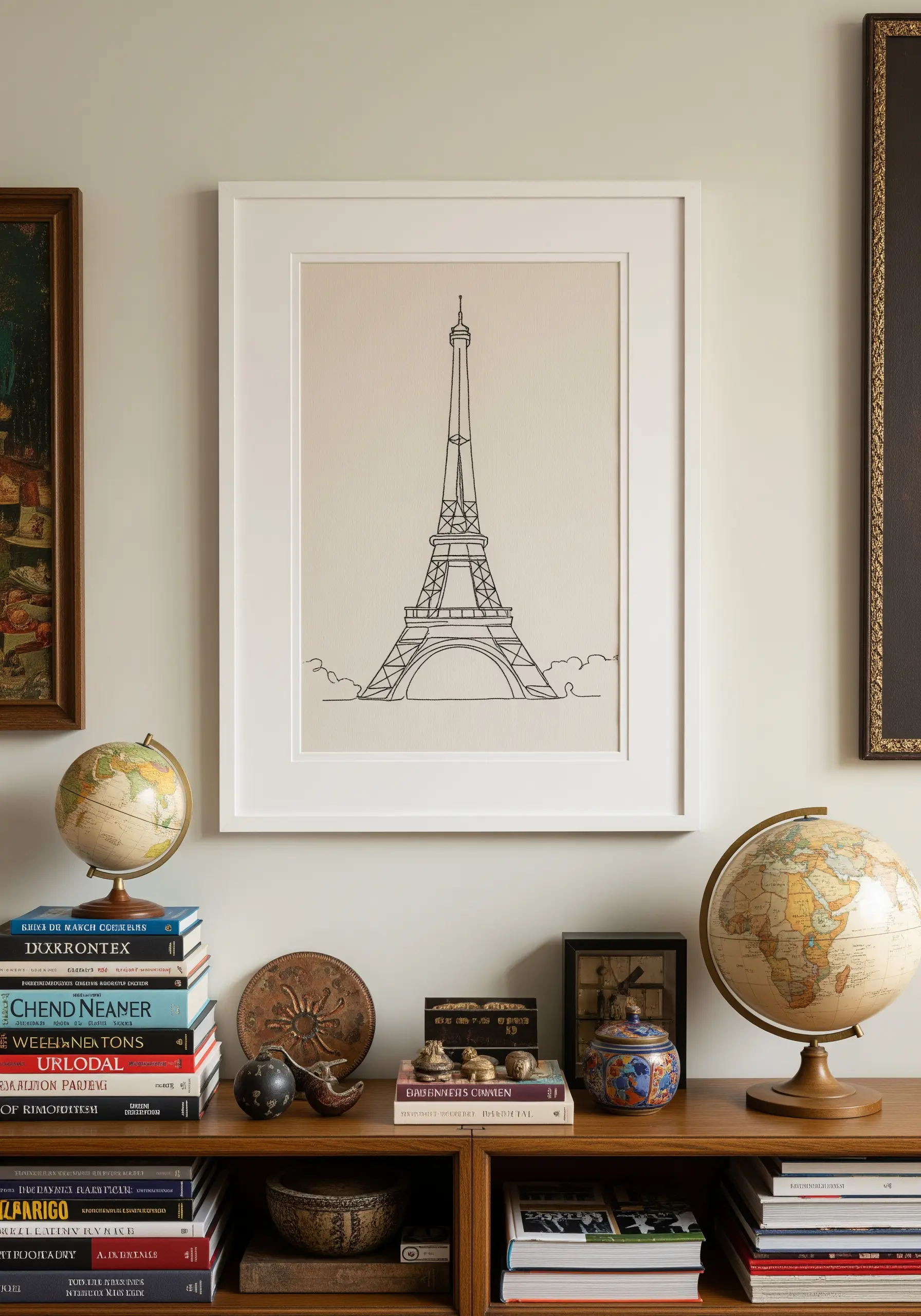 A minimalist line art embroidery of the Eiffel Tower in a white frame.