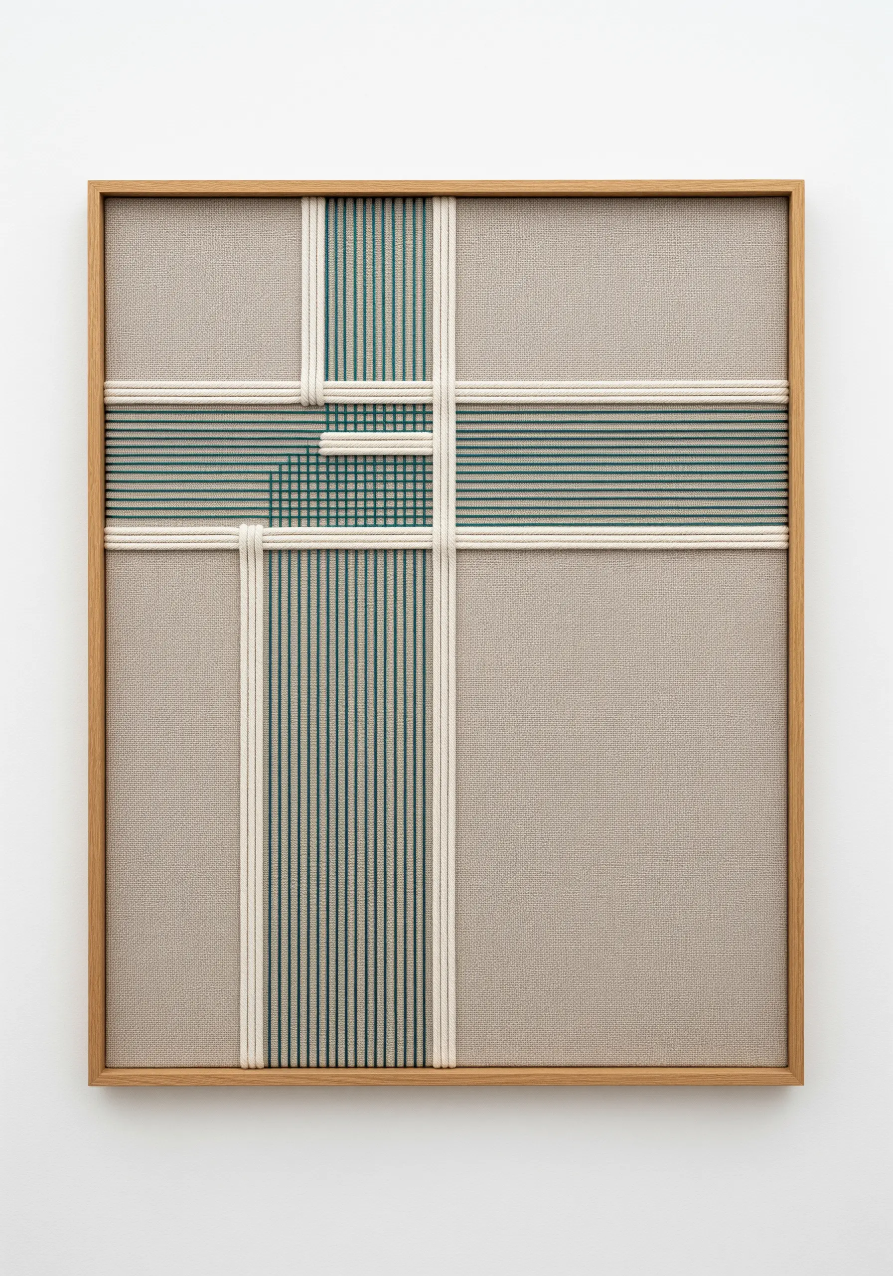 Framed wall art with cream and green threads wrapped to form a precise geometric grid pattern.