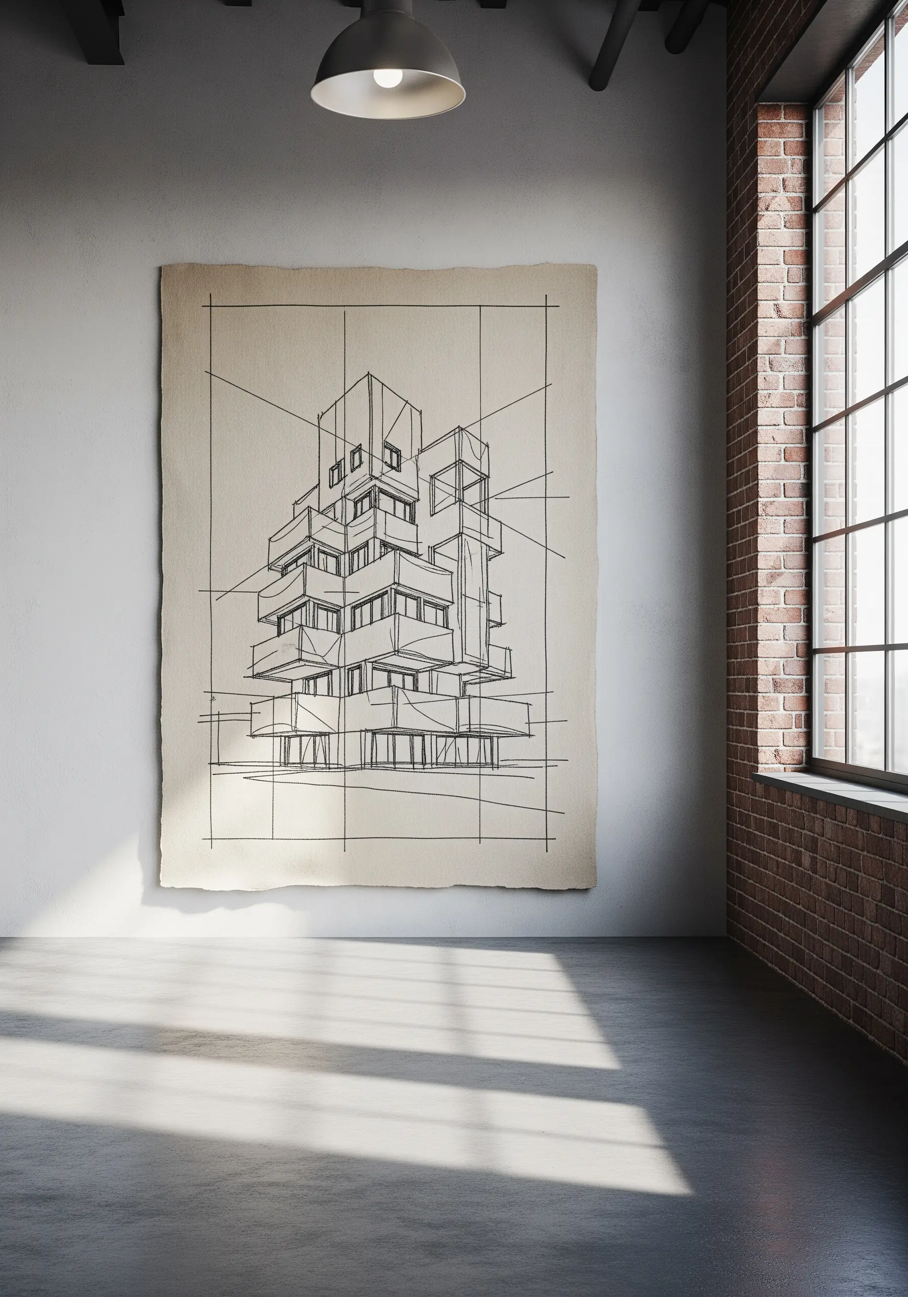 An architectural drawing of a modern building embroidered in black thread on raw canvas.