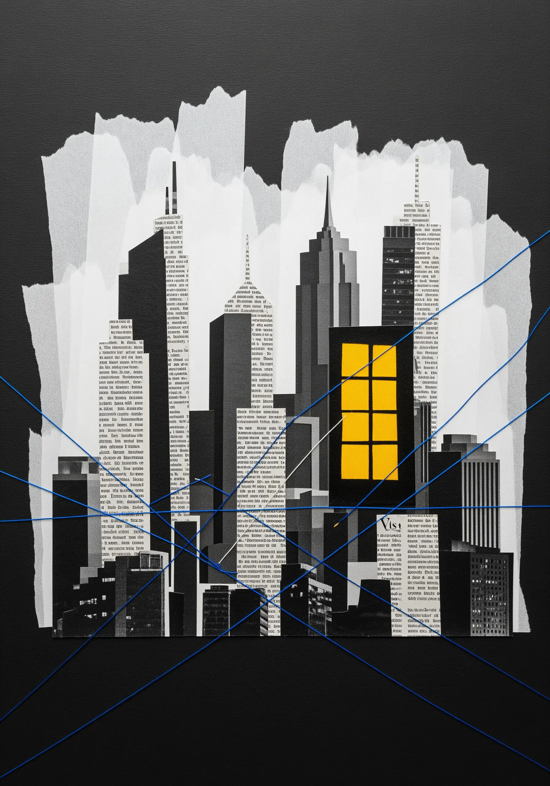 Monochrome paper cityscape collage with blue threads stretched across it.