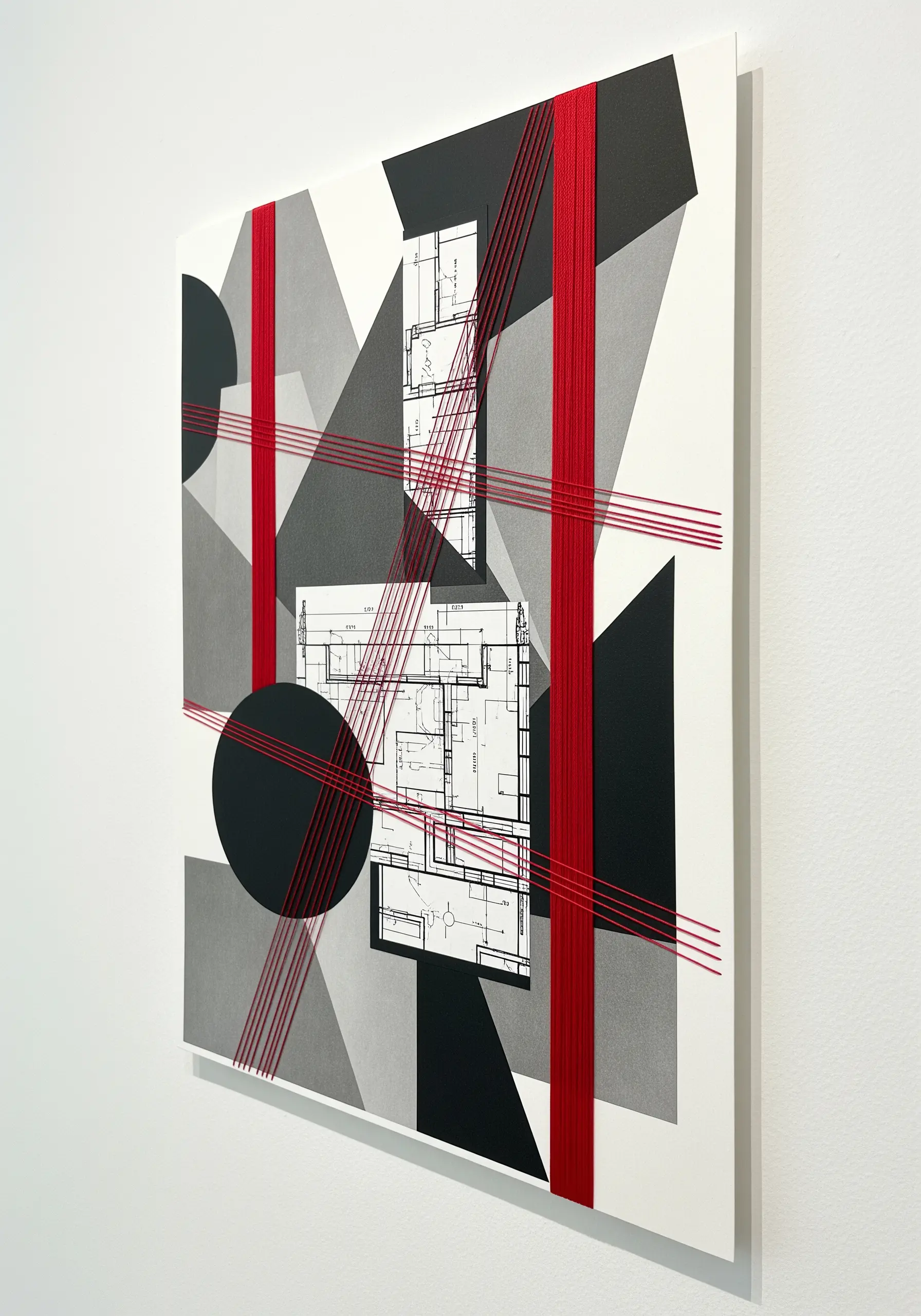 Red thread stretched across a black, white, and gray geometric paper collage.