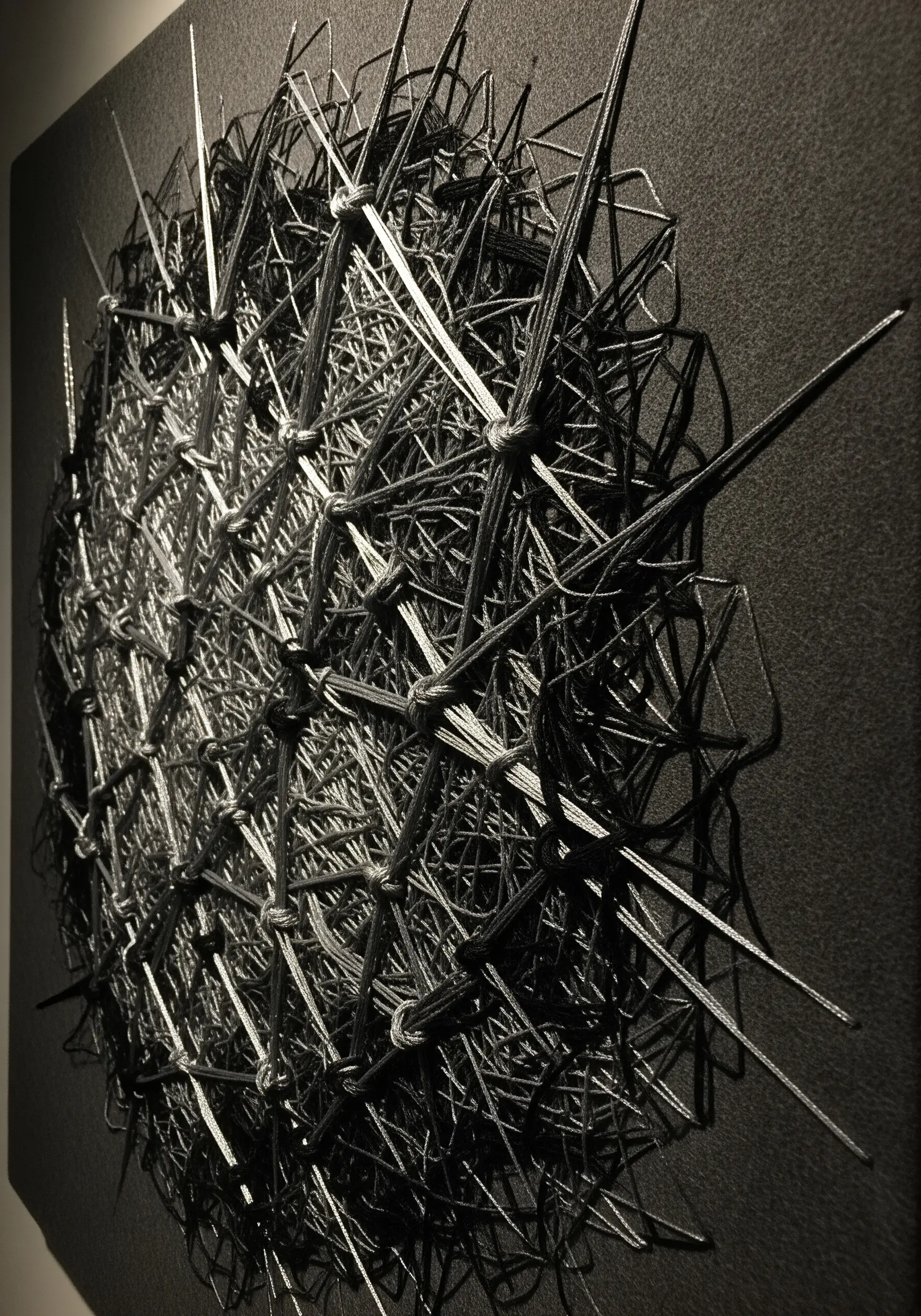 A spiky, architectural sphere made of stiffened black and white thread.