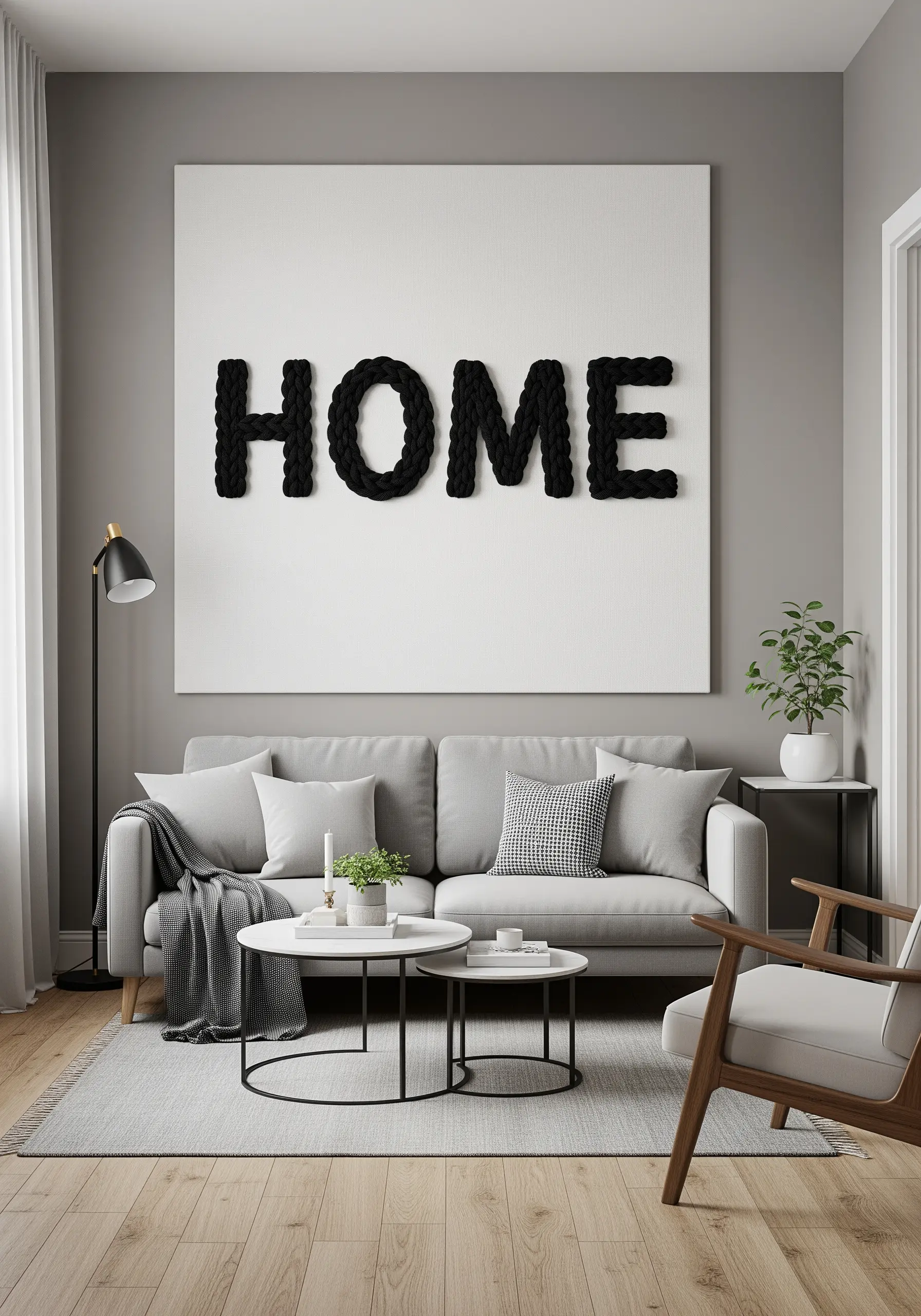 The word 'HOME' created with thick, chunky black braided yarn on a large white canvas.