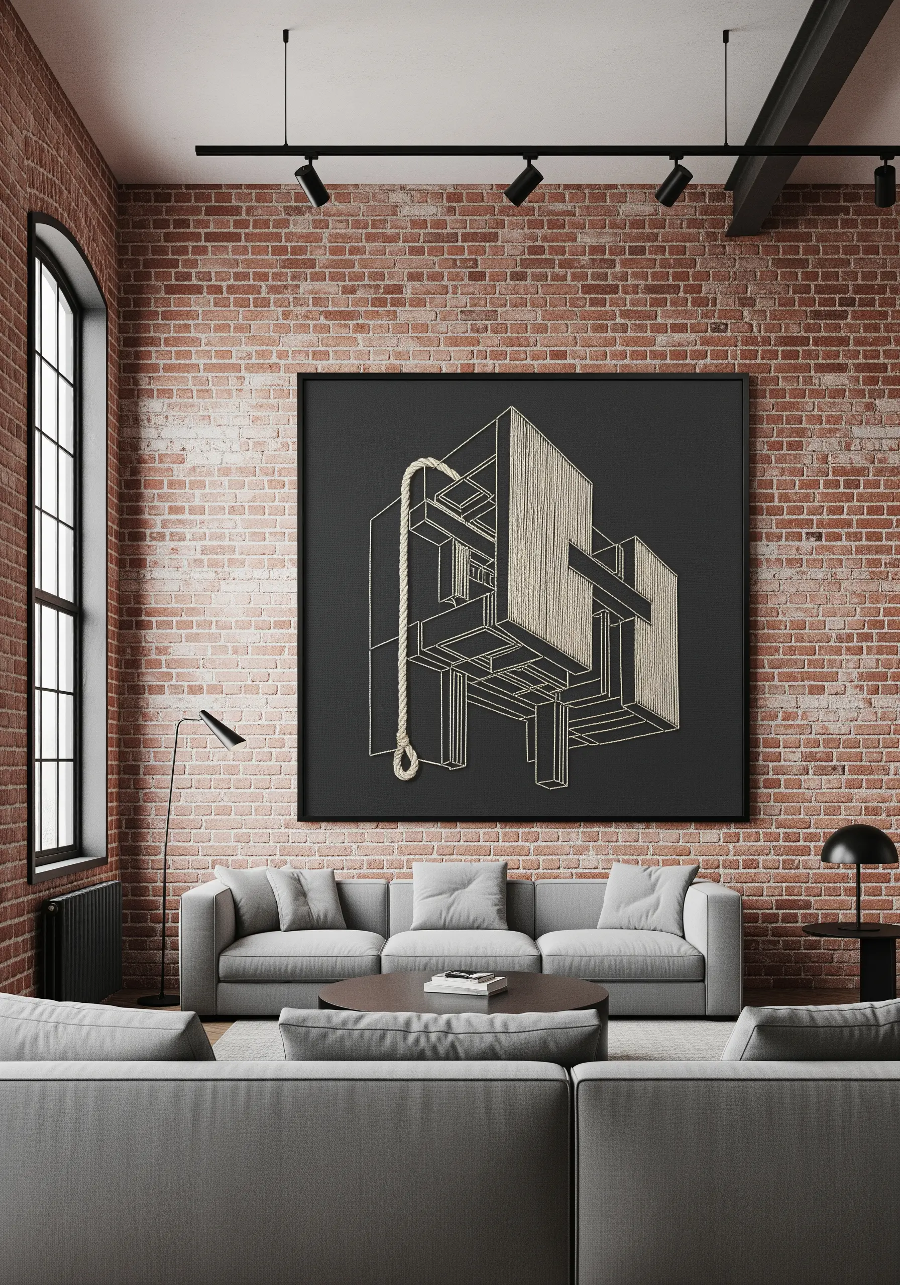 Architectural embroidery on black fabric with line work and dense thread fills.