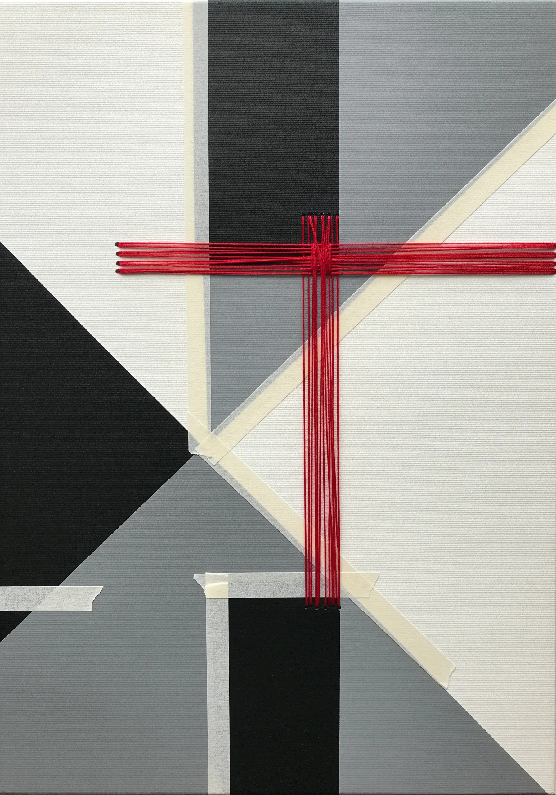 Red thread wrapped tautly across a geometric black and white canvas.