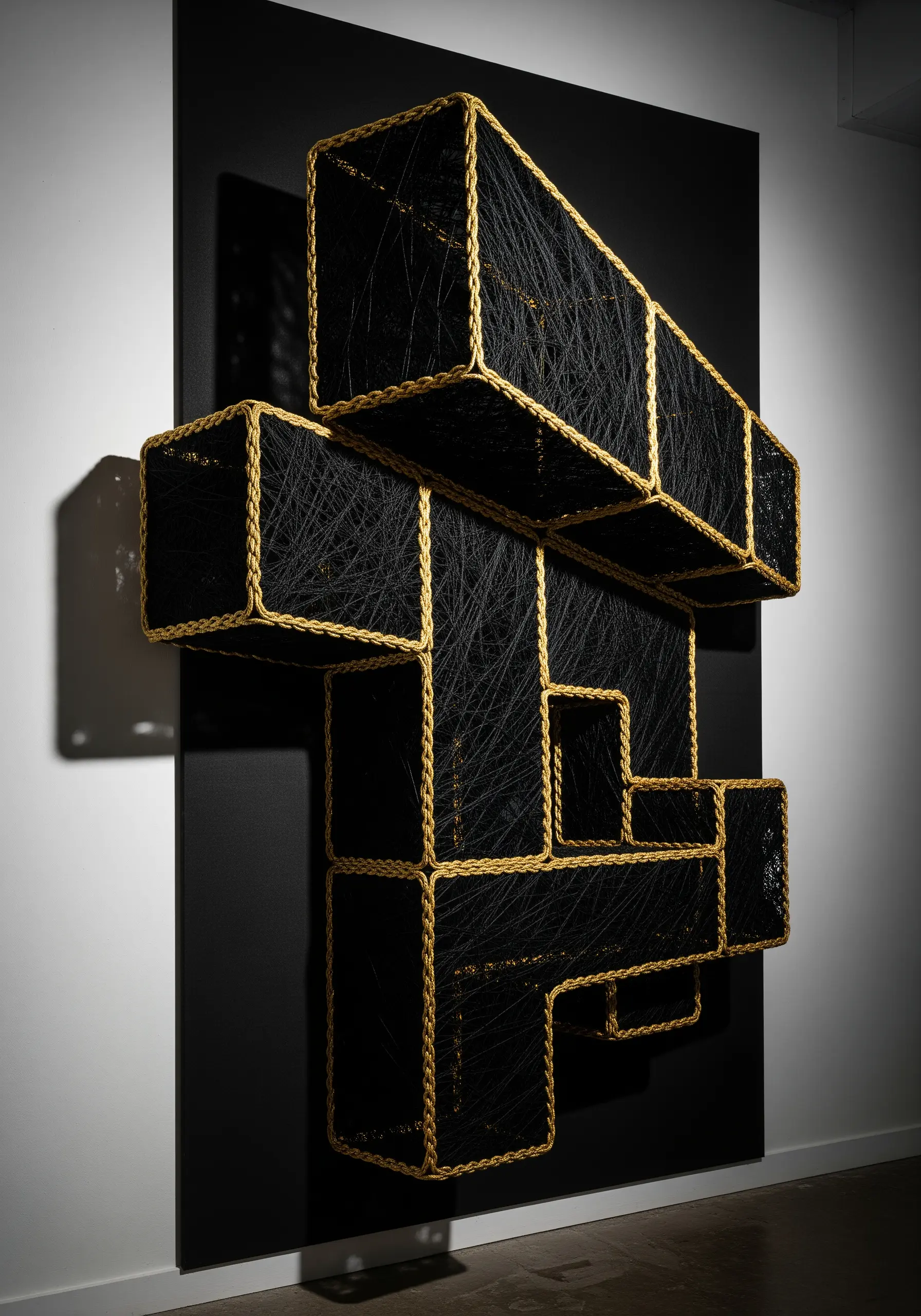 A 3D geometric sculpture wrapped in black and gold thread against a black background.