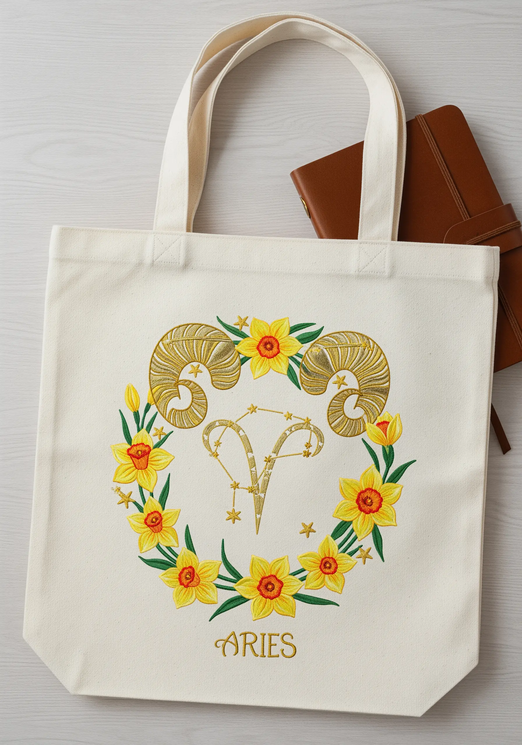 Embroidered Aries ram horns in gold thread surrounded by yellow daffodil flowers on a canvas tote bag.