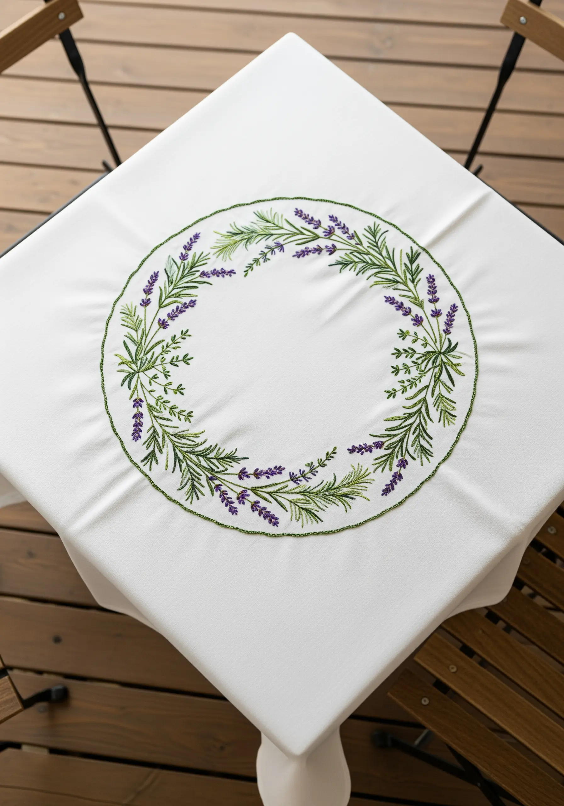A white tablecloth featuring a circular wreath embroidered with lavender and rosemary.