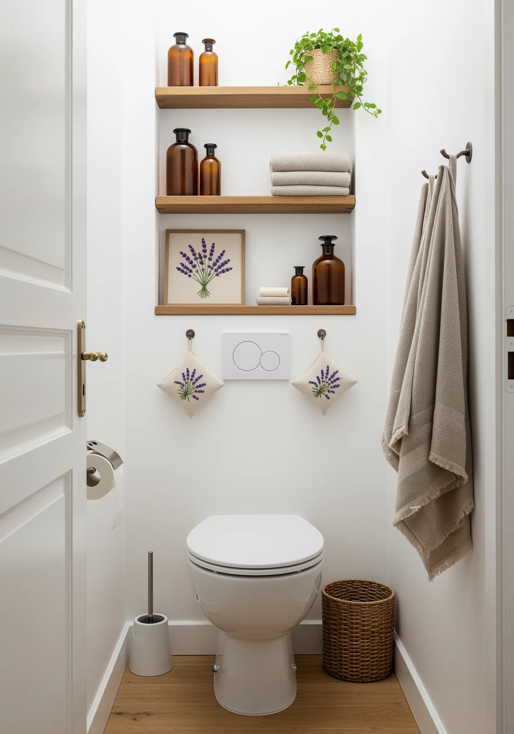 Framed lavender embroidery and matching lavender-filled sachets in a small bathroom.