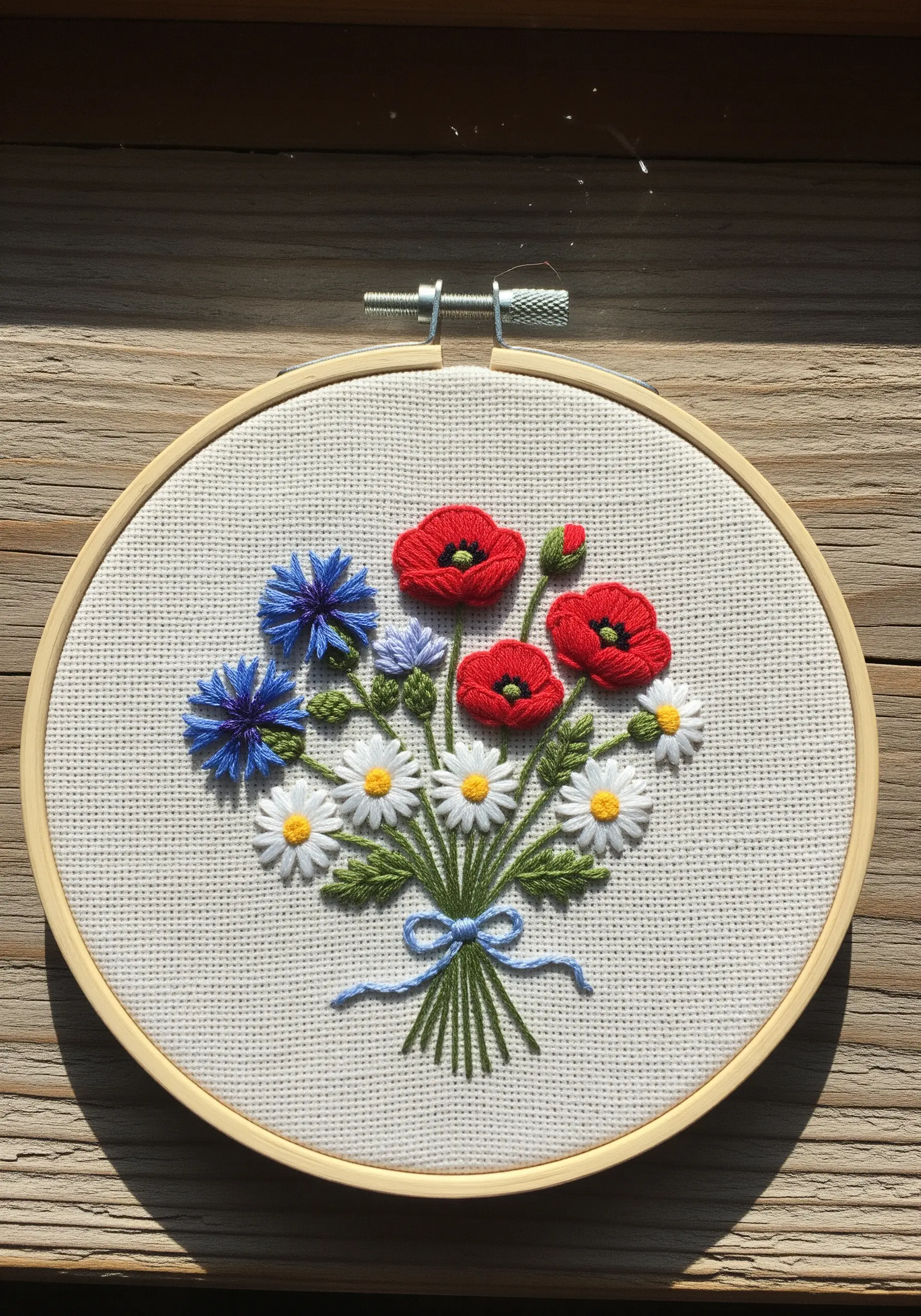 A small, colorful bouquet of embroidered wildflowers tied with a blue ribbon