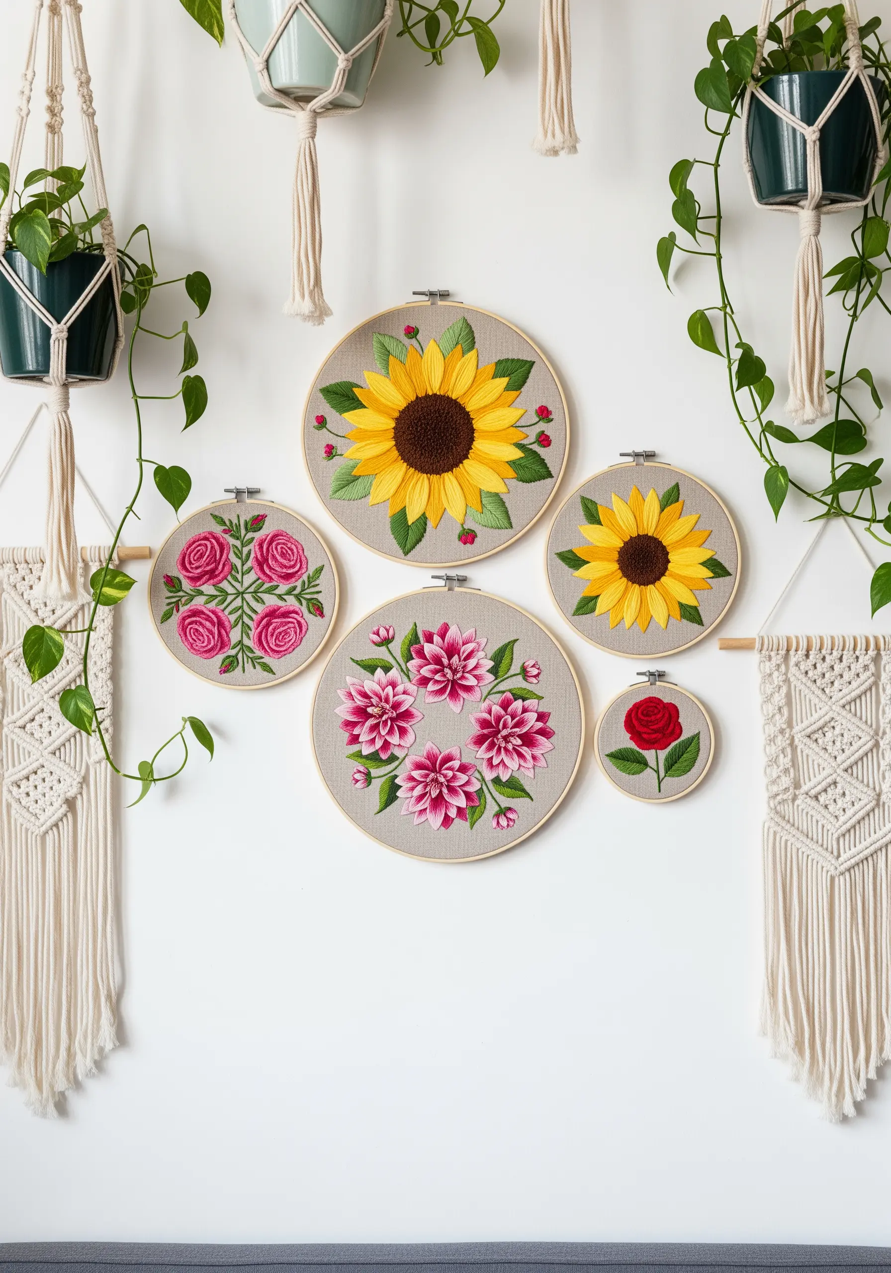 A collection of floral embroidery hoops, including sunflowers and roses, on a white wall.