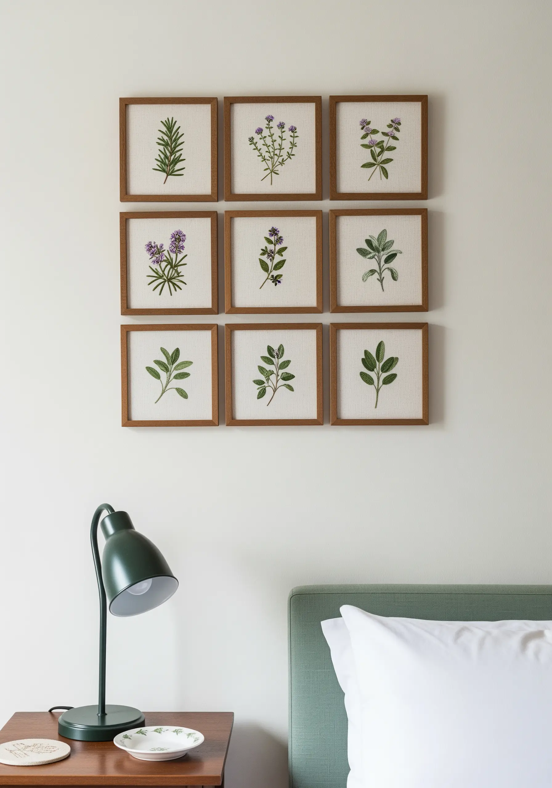 A nine-piece grid of small framed embroideries, each showing a different type of herb.