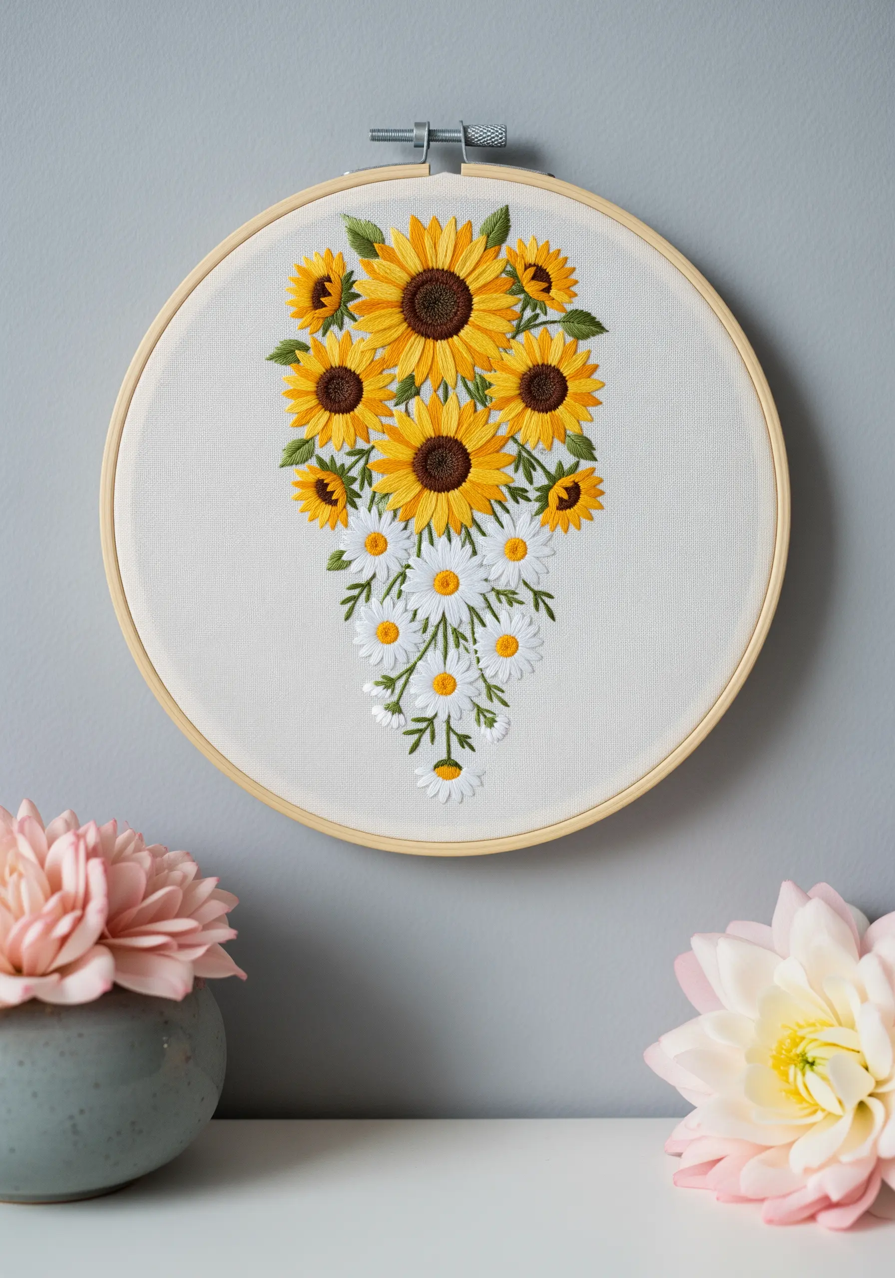 A vertical bouquet of sunflowers cascading into a cluster of white daisies.