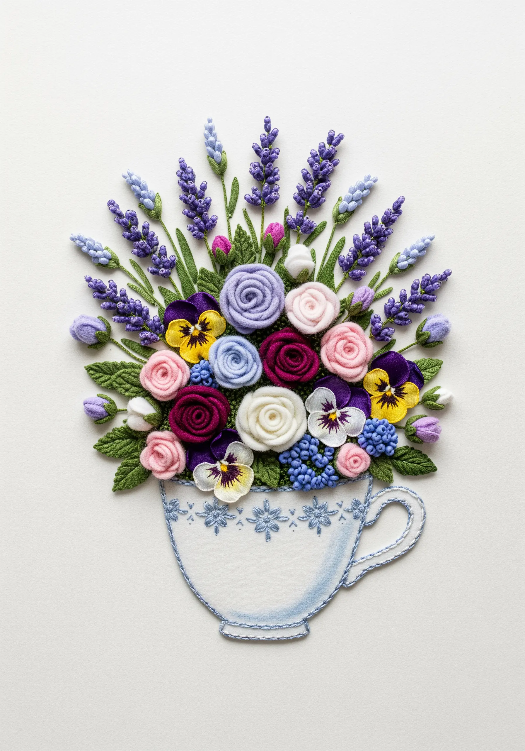 Embroidery of a teacup filled with colorful 3D felt and ribbon flowers.