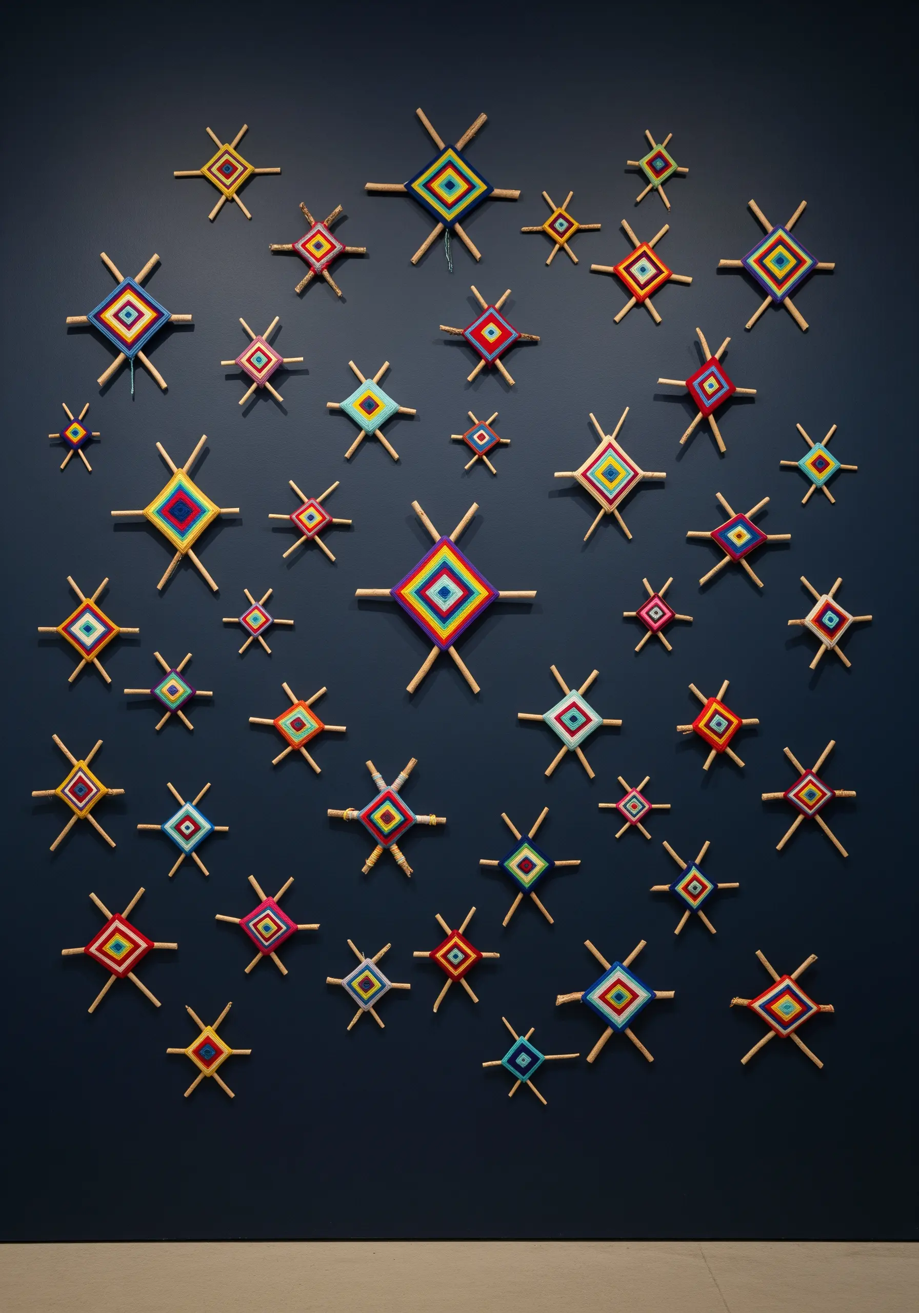 A gallery wall covered in dozens of colorful, diamond-shaped Ojos de Dios weavings.