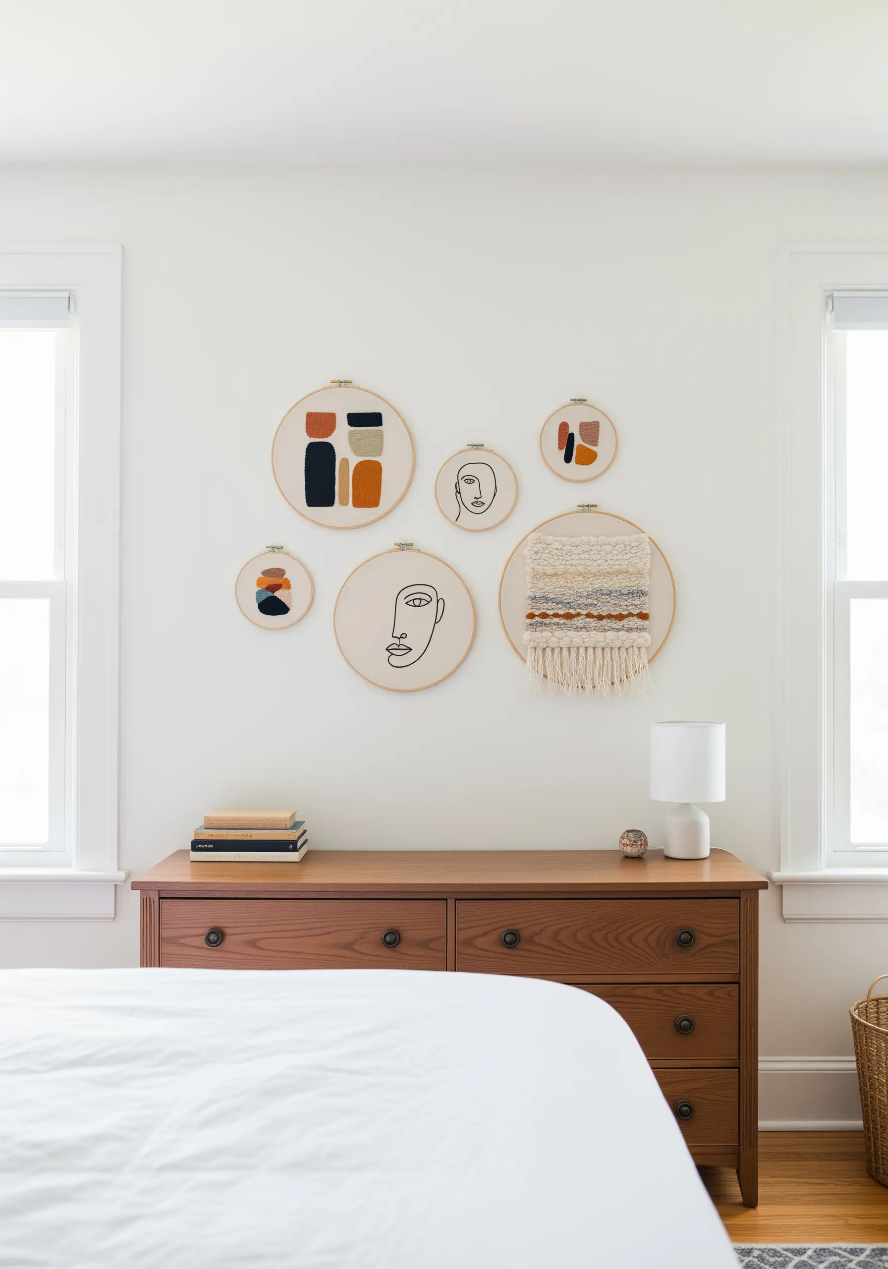 A gallery wall of six embroidery hoops with abstract shapes and line art faces above a dresser.