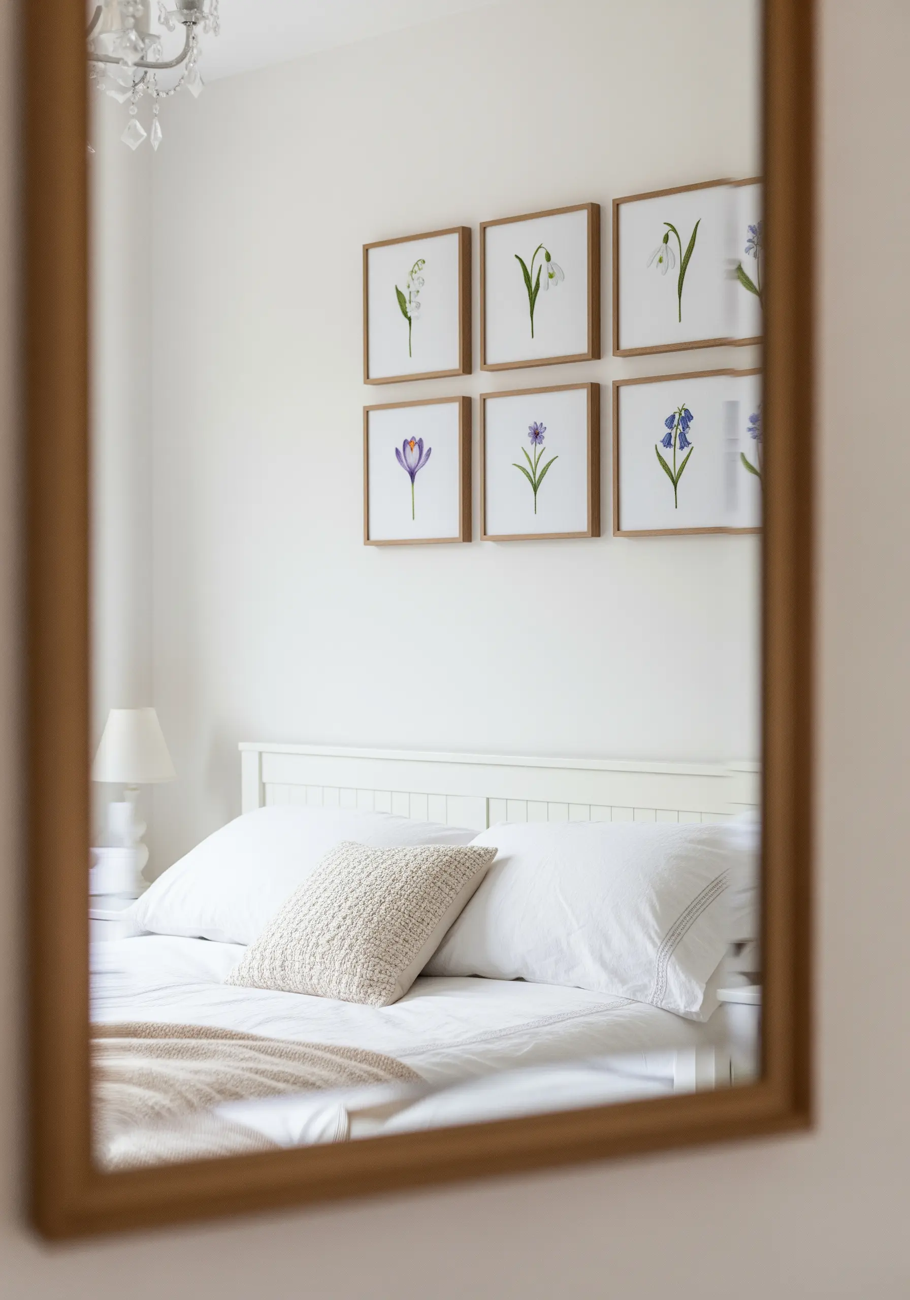 A gallery wall of six small, framed embroideries of different spring flowers in a grid.