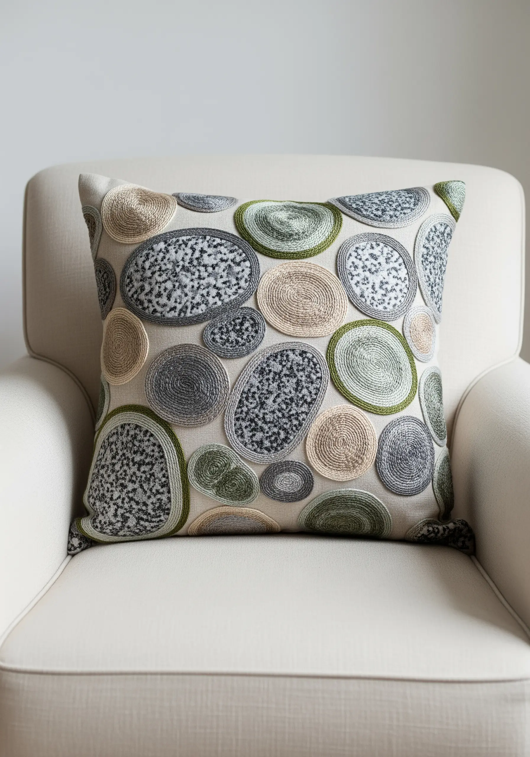 A decorative pillow covered in embroidered pebble shapes in muted greens, grays, and creams.