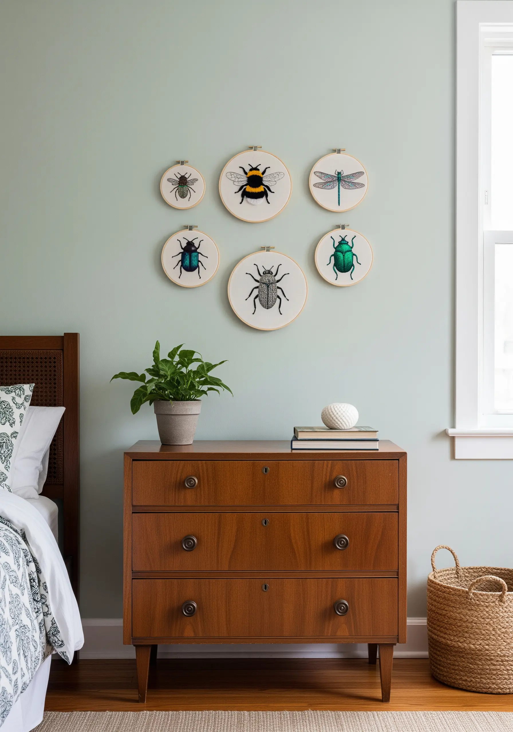 A gallery wall of six small embroidery hoops, each featuring a different detailed insect.