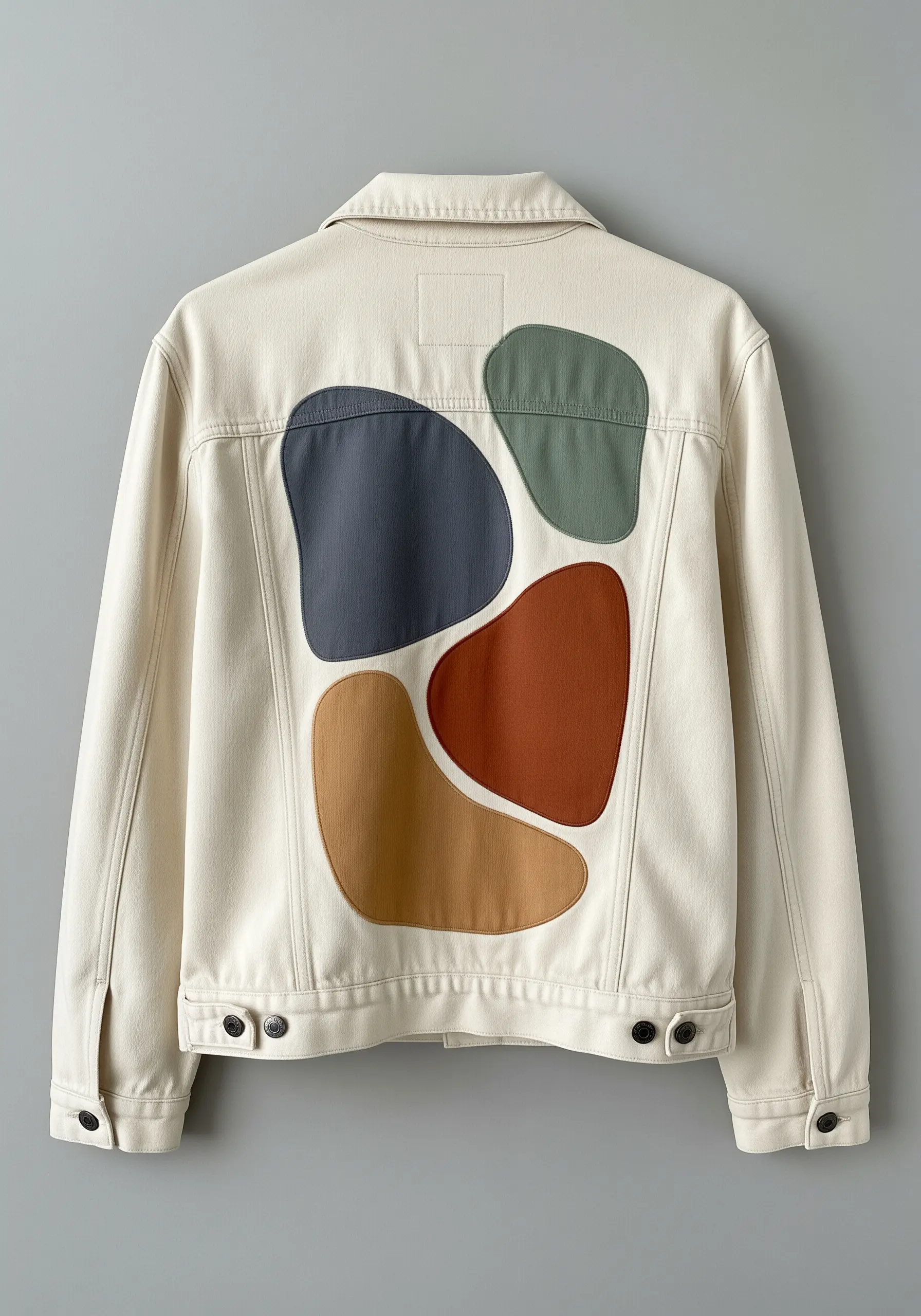 Large, organic appliqué shapes in earthy tones arranged on a white denim jacket.