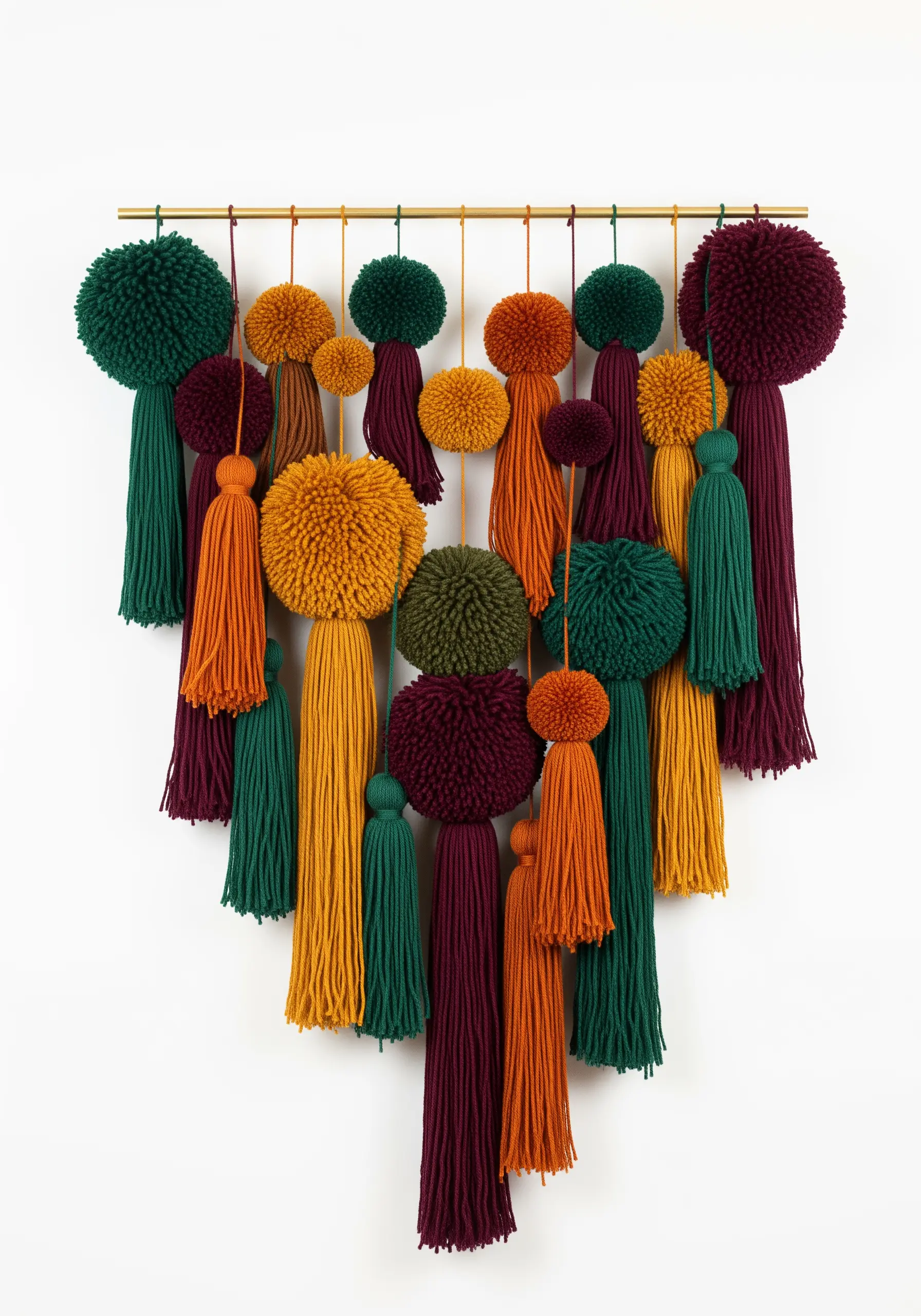 A wall hanging made of colorful pom-poms and tassels in jewel tones like green, orange, and burgundy