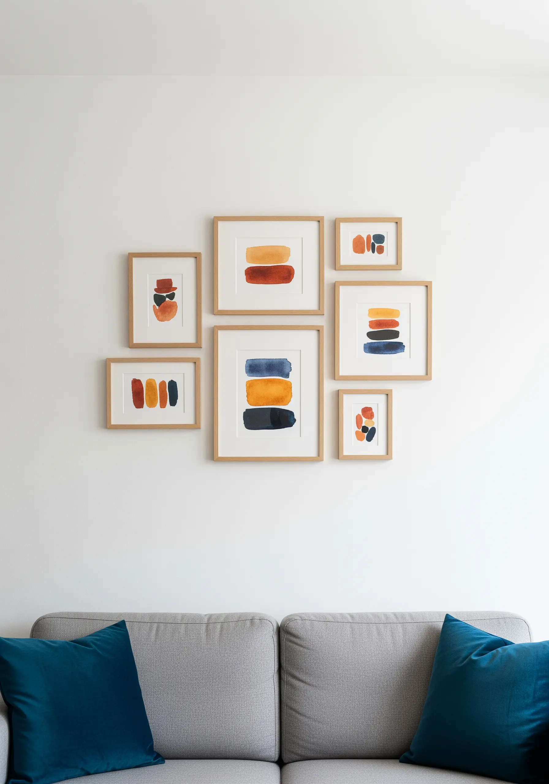 A gallery wall of seven framed abstract watercolor paintings in warm tones.