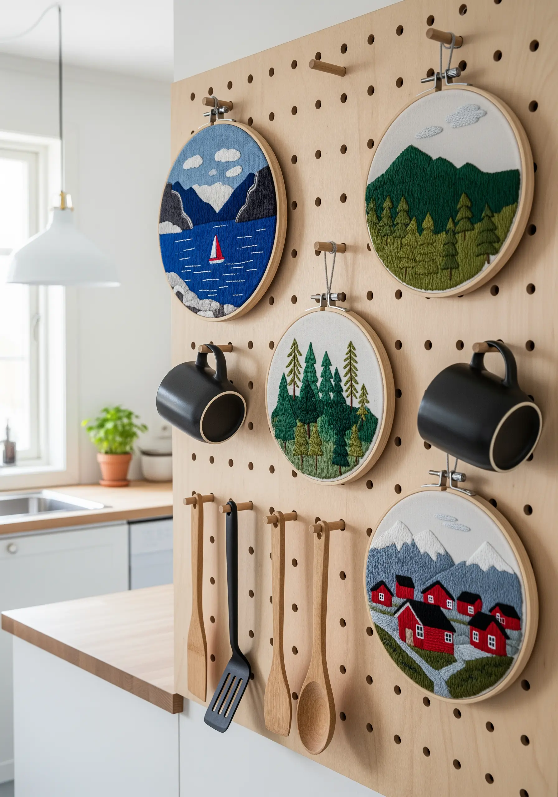 Several embroidered landscape hoops hanging on a wooden kitchen pegboard among mugs and utensils.
