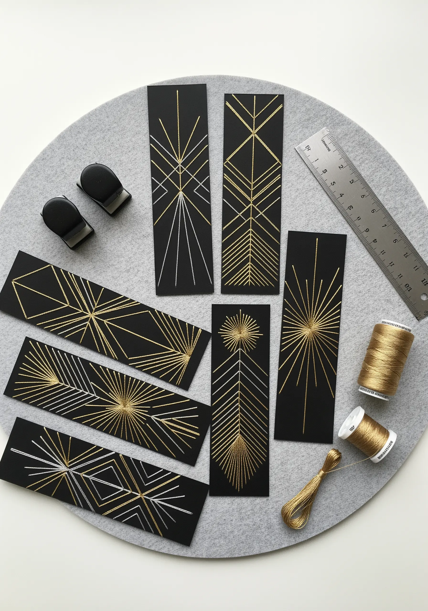 Geometric bookmarks with gold and silver metallic thread on black cardstock.